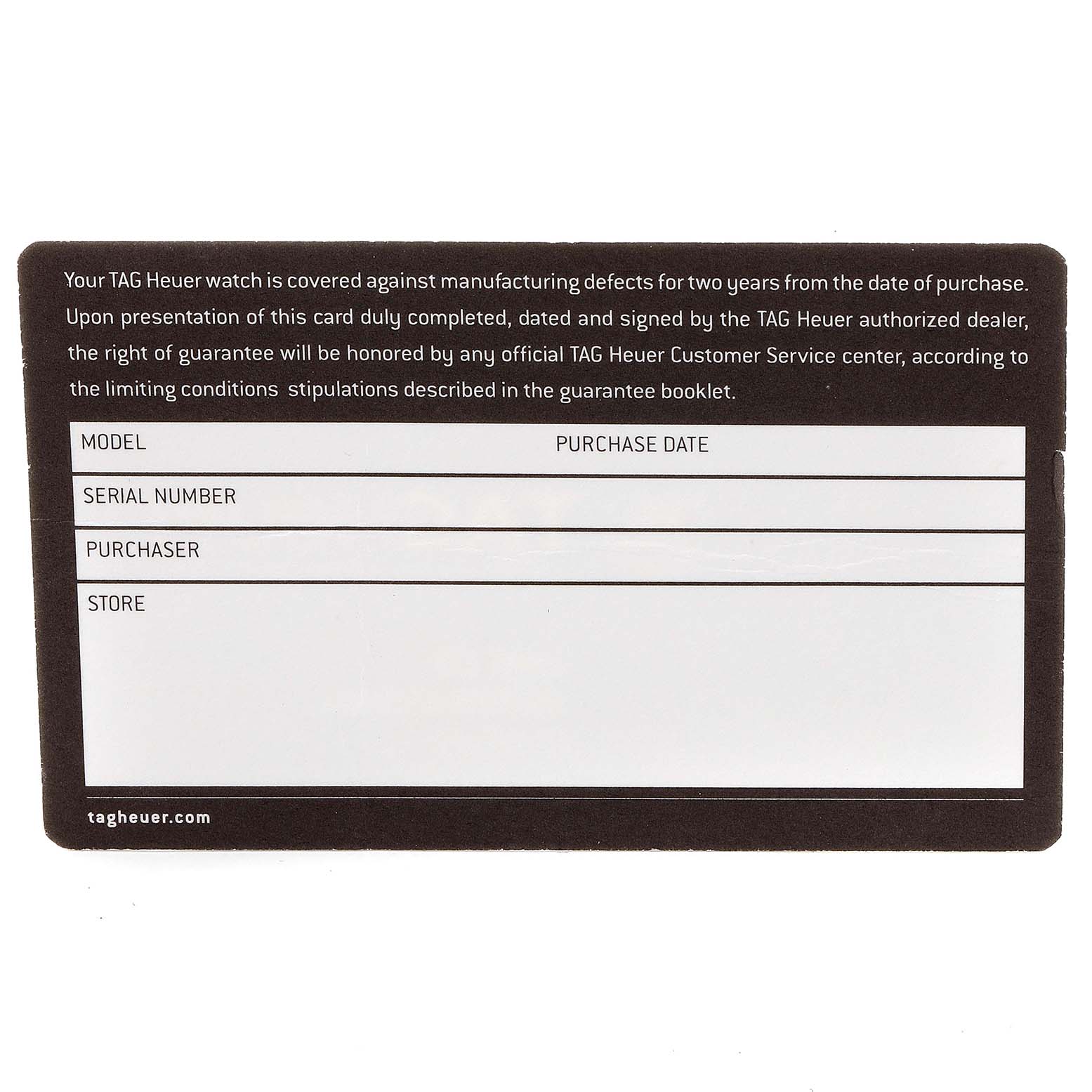 This image shows a TAG Heuer warranty card for the Aquaracer model, featuring fields for model, serial number, purchaser, date, and store.