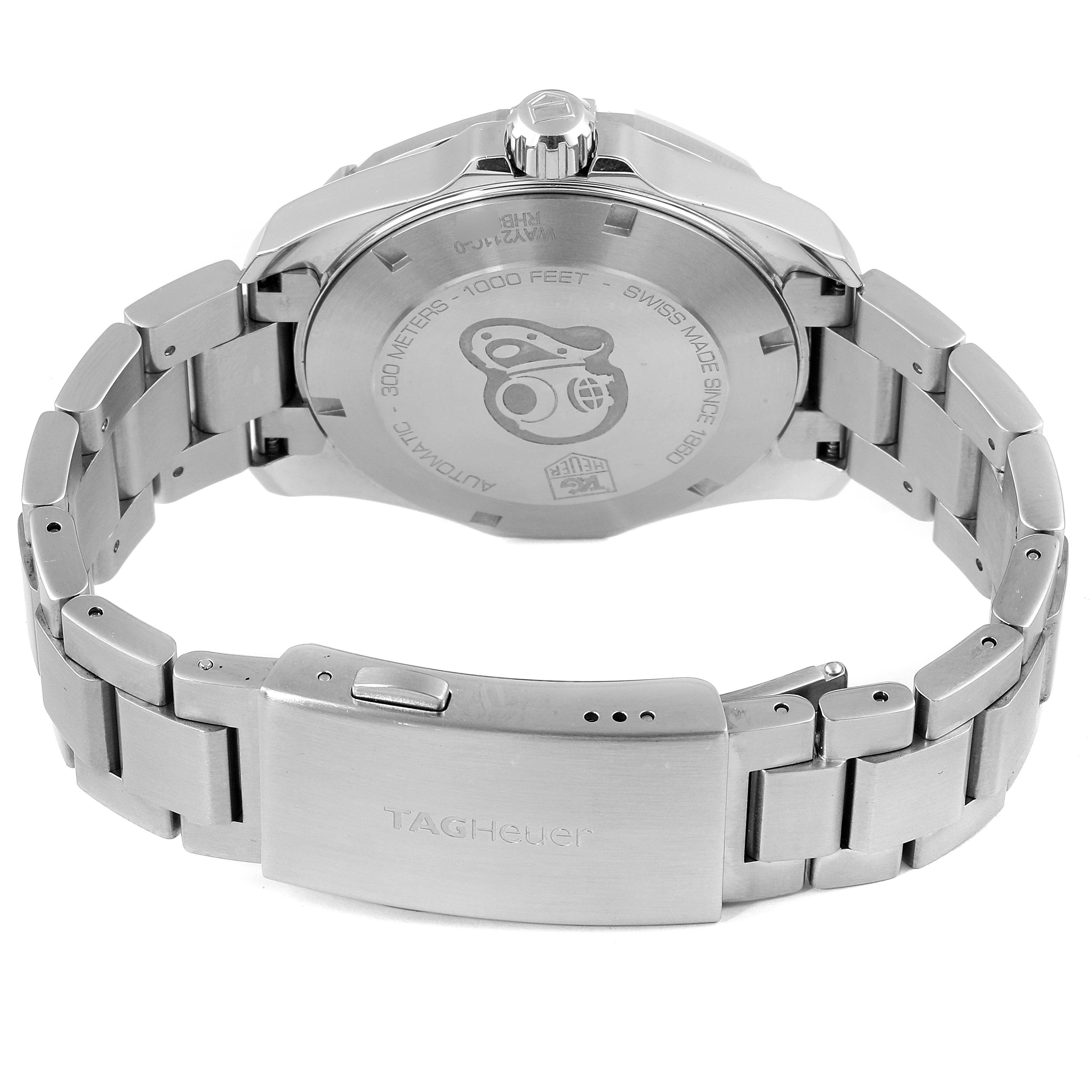 The image shows the back view of a Tag Heuer Aquaracer WAY211C.BA0928 Men
s Stainless Steel Blue Dial WAY211C.BA0928 Men
s Stainless Steel Blue Dial watch, highlighting its case back and metal bracelet.