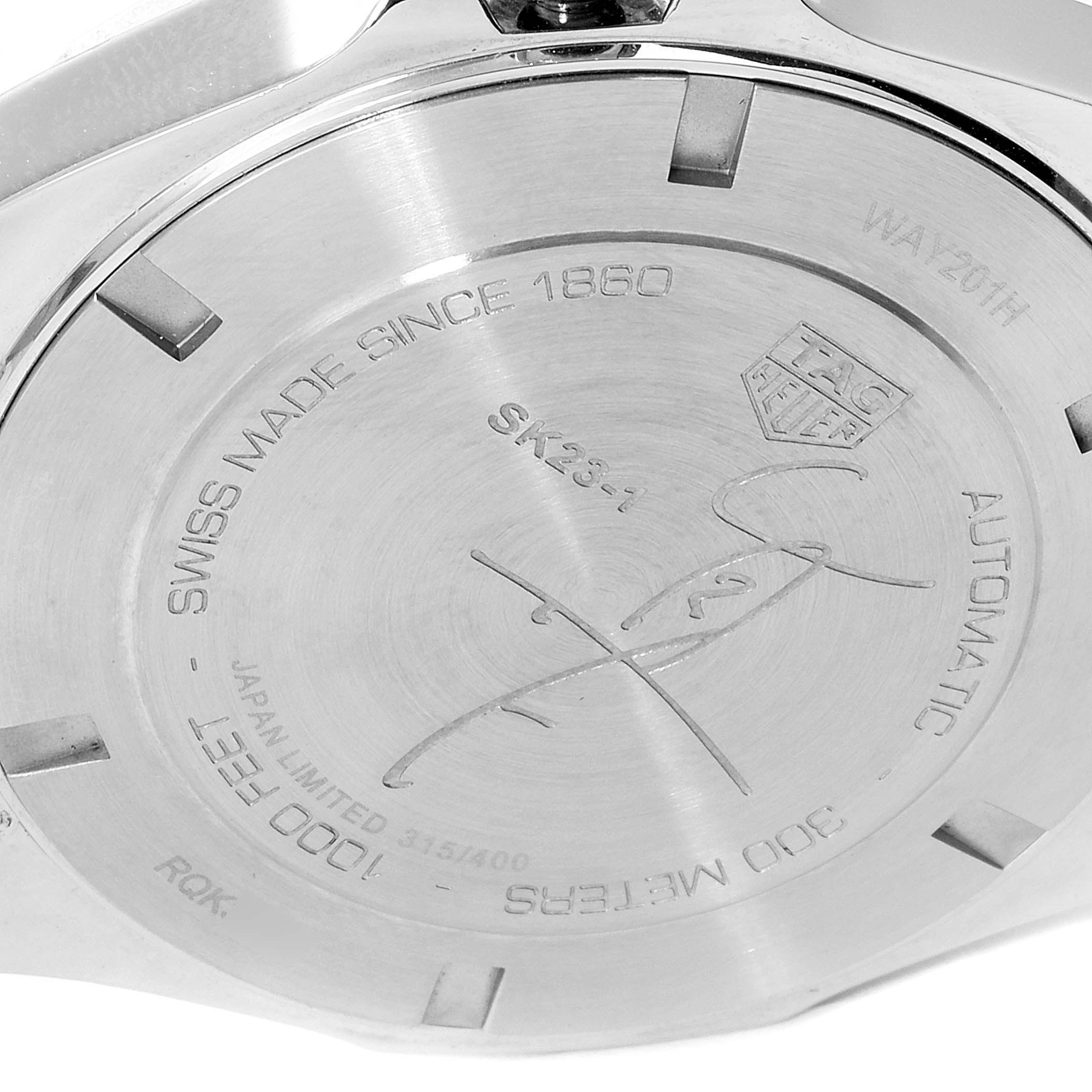 The image shows the back case of a Tag Heuer Limited Edition WAY201H.BA0927 Men's Stainless Steel Blue Dial WAY201H.BA0927 Men's Stainless Steel Blue Dial model, displaying engravings and specifications.