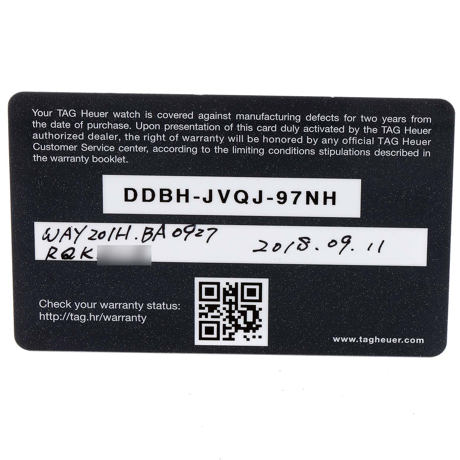 This image shows the warranty card for the Limited Edition Tag Heuer model WAY201H.BA0927.