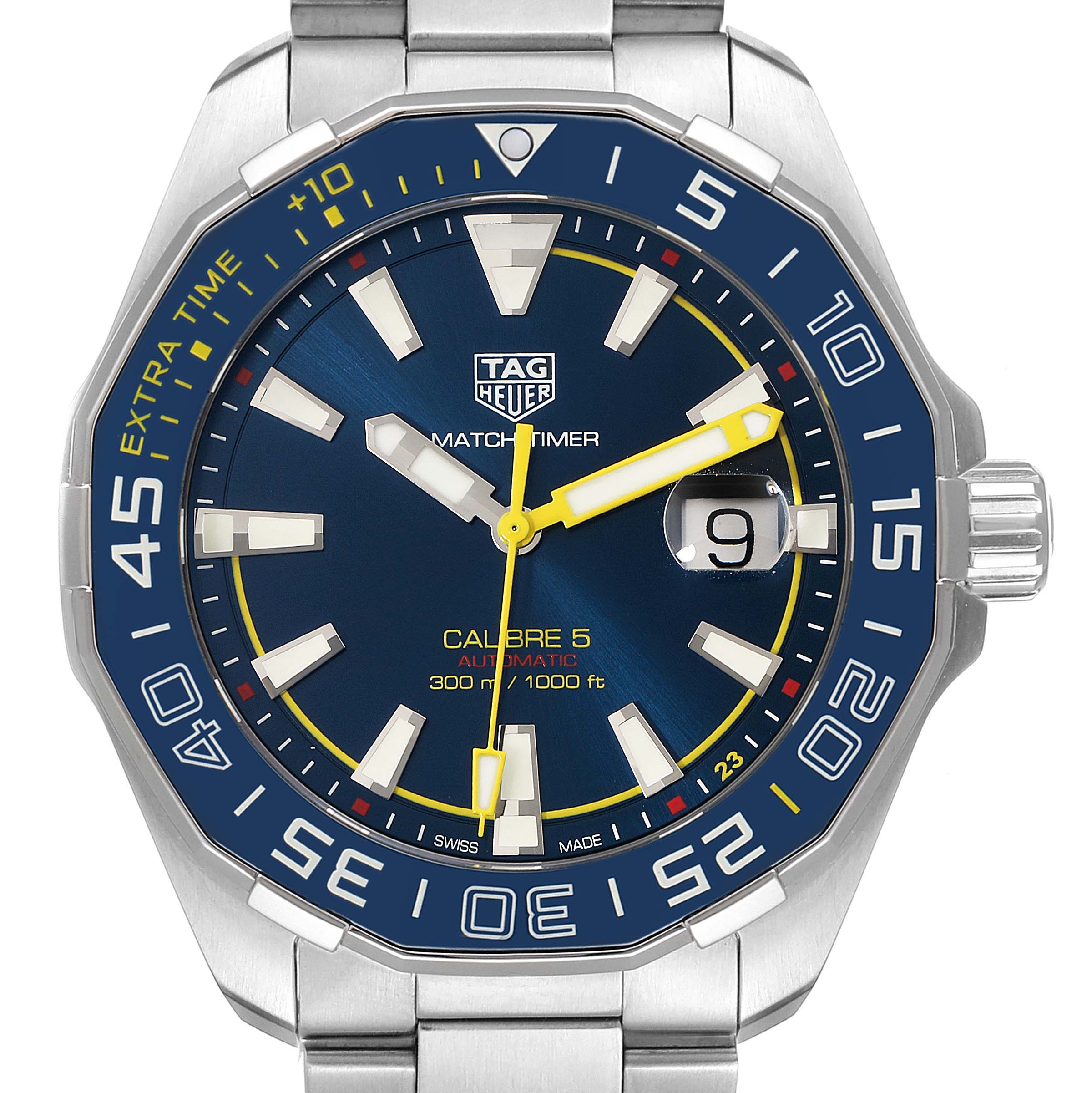 This image shows a frontal view of the Tag Heuer Calibre 5 Limited Edition Match Timer watch, highlighting its dial, bezel, and bracelet.