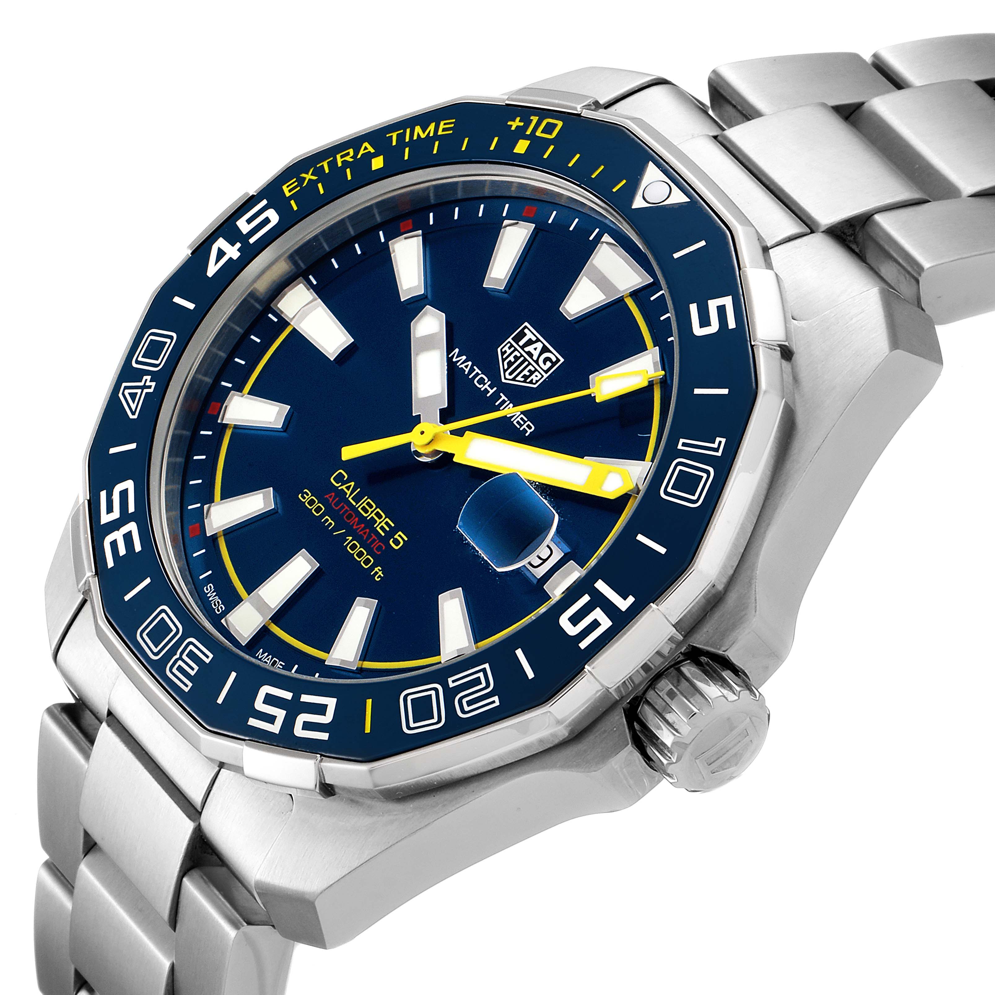 This angled view displays the face, crown, and bracelet of the Limited Edition Tag Heuer Calibre 5 watch.