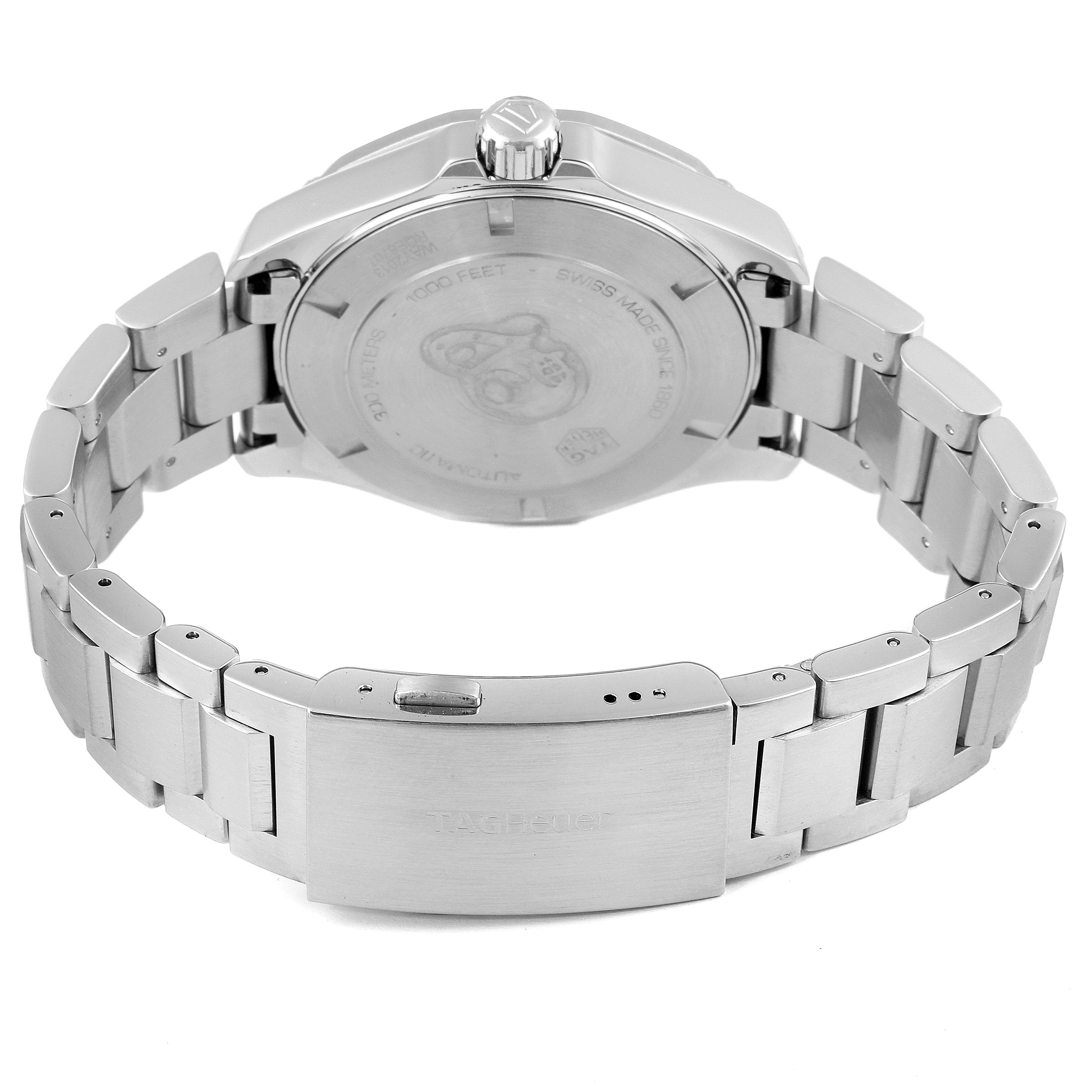 The image shows the back view of a Tag Heuer Aquaracer WAY2013.BA0927 Men's Stainless Steel White Dial WAY2013.BA0927 Men's Stainless Steel White Dial watch, highlighting the bracelet, clasp, and case back.