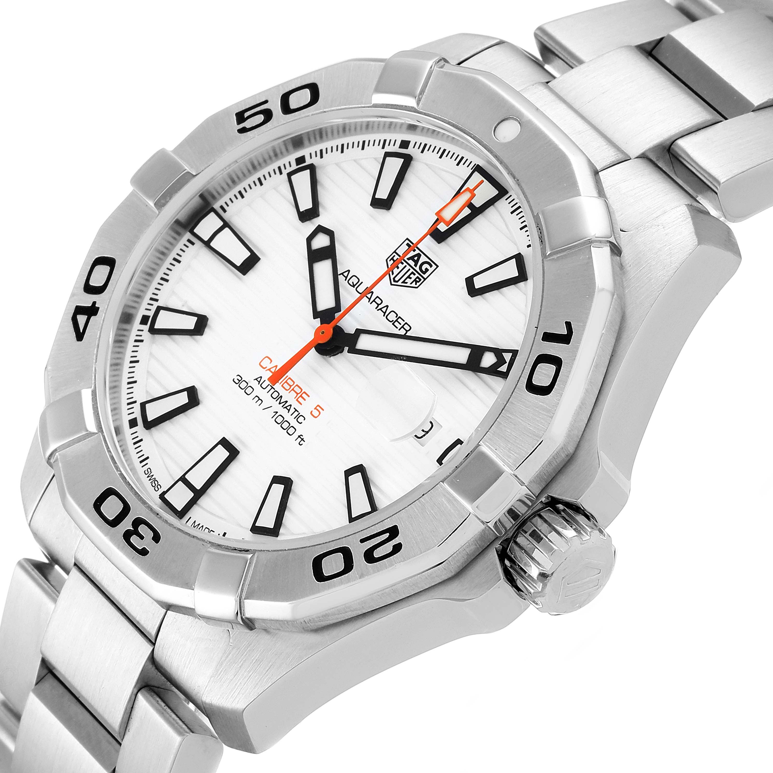 The Tag Heuer Aquaracer WAY2013.BA0927 Men's Stainless Steel White Dial WAY2013.BA0927 Men's Stainless Steel White Dial watch is shown from a tilted angle, highlighting the bezel, dial, crown, and bracelet.
