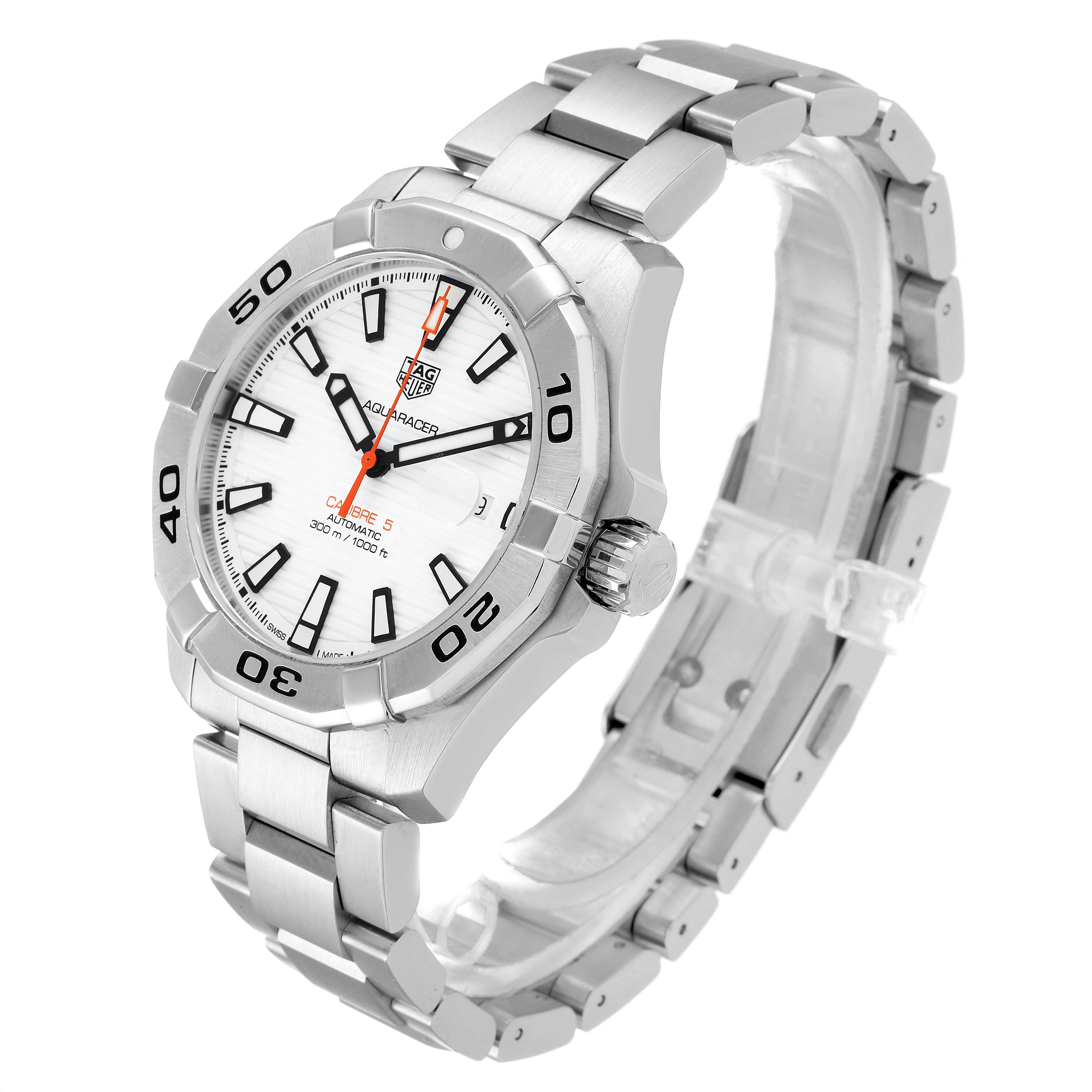 The image shows an angled view of a Tag Heuer Aquaracer WAY2013.BA0927 Men's Stainless Steel White Dial WAY2013.BA0927 Men's Stainless Steel White Dial watch, displaying the face, bezel, crown, and metal bracelet.