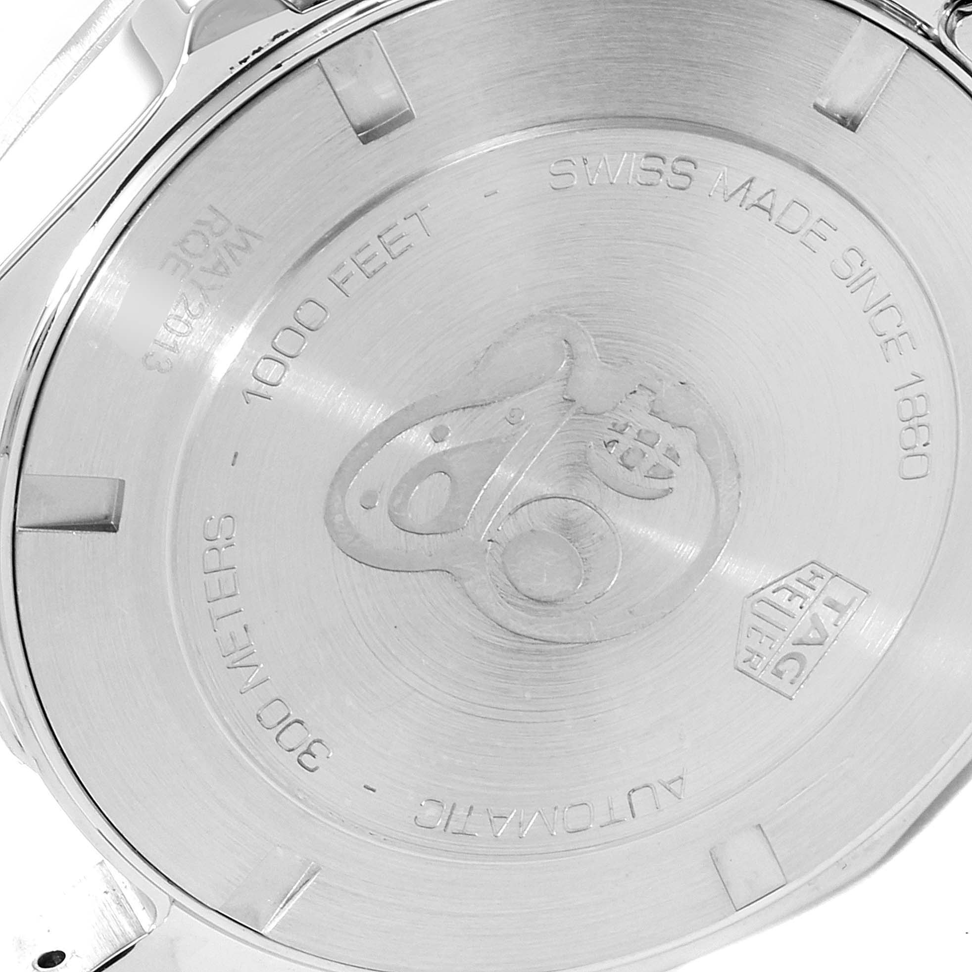 This image shows the back casing of the Tag Heuer Aquaracer WAY2013.BA0927 Men's Stainless Steel White Dial WAY2013.BA0927 Men's Stainless Steel White Dial watch, displaying its engravings and specifications.