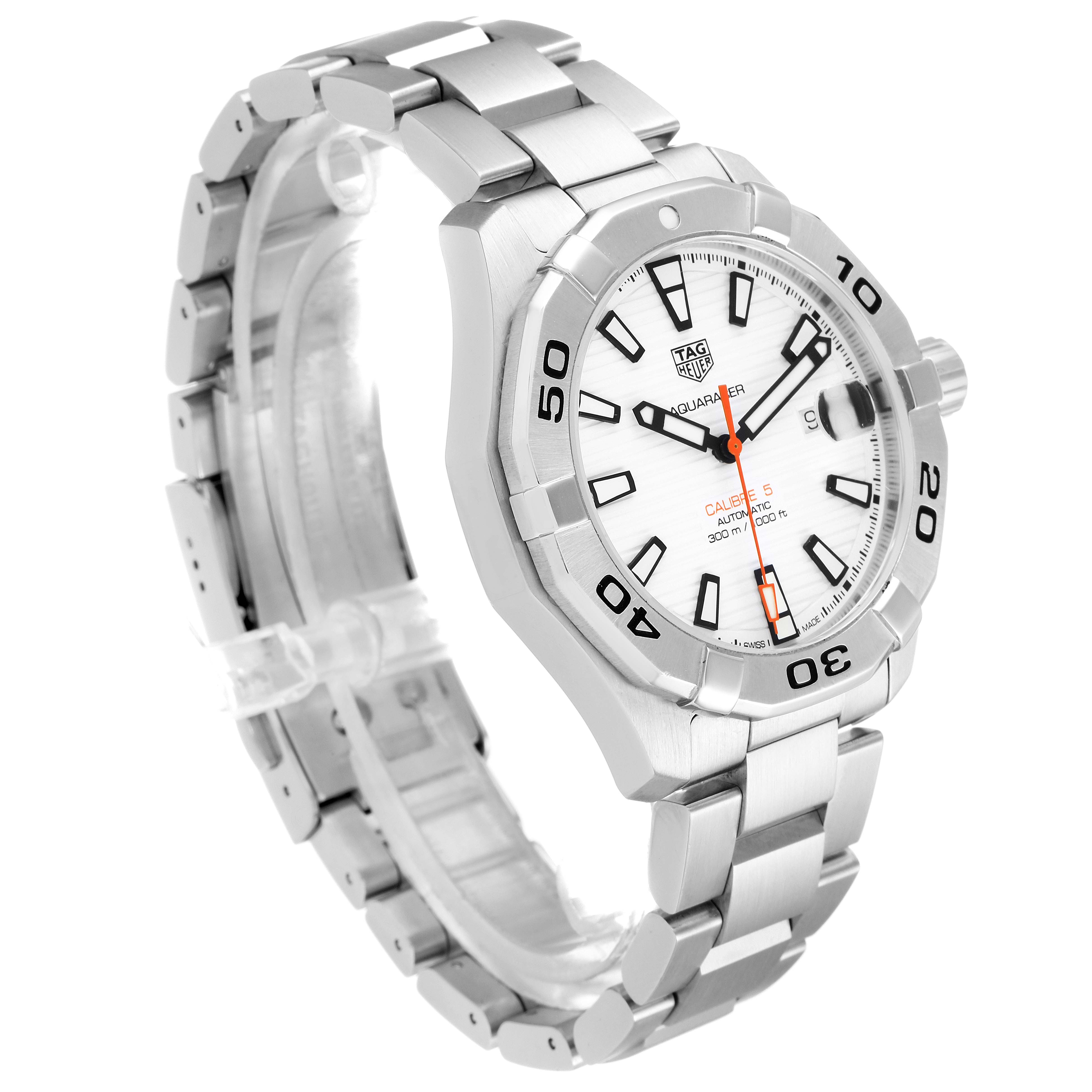 The Tag Heuer Aquaracer WAY2013.BA0927 Men's Stainless Steel White Dial WAY2013.BA0927 Men's Stainless Steel White Dial watch is shown from a three-quarter angle, highlighting the bracelet, bezel, and dial.