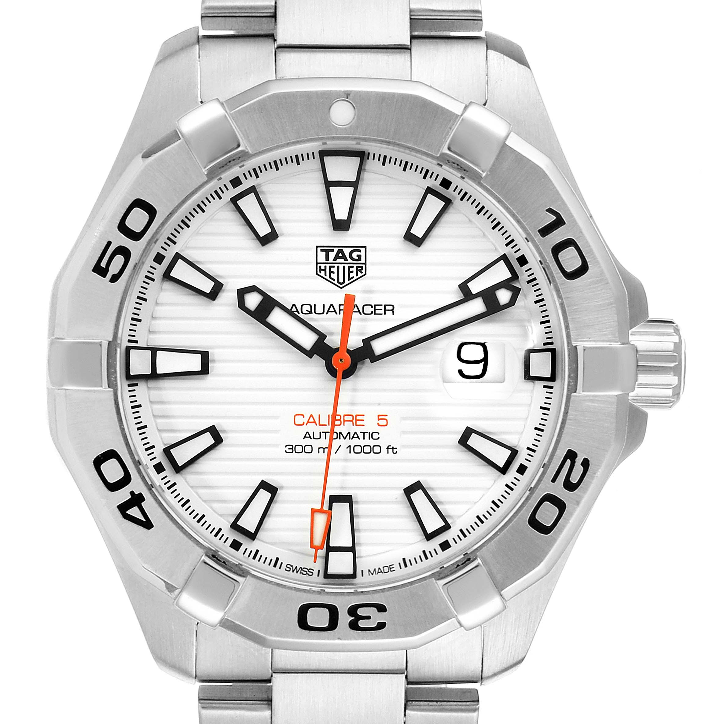 The Tag Heuer Aquaracer WAY2013.BA0927 Men's Stainless Steel White Dial WAY2013.BA0927 Men's Stainless Steel White Dial watch is shown from a front angle, displaying its dial, hands, date, and part of the bracelet.
