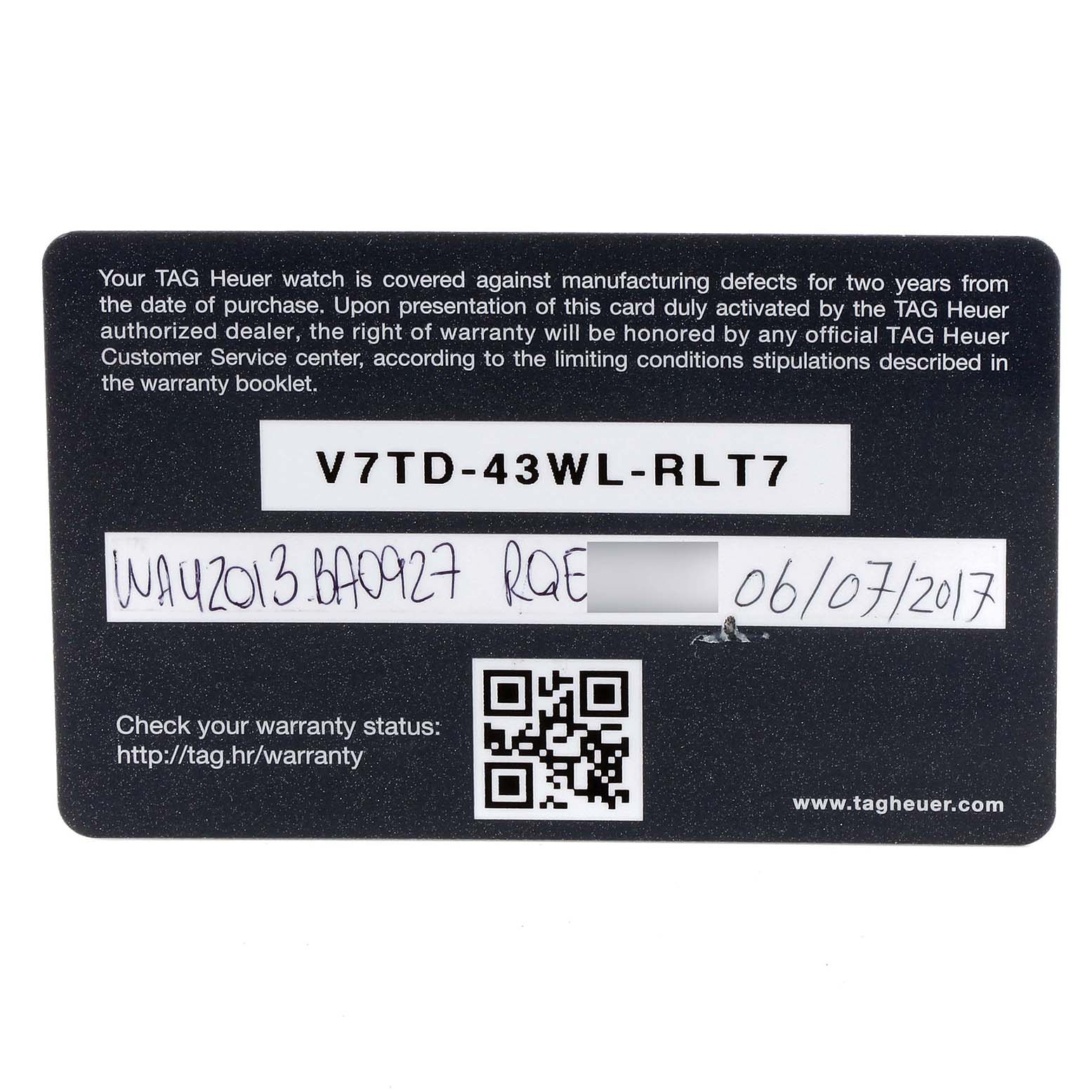 The image shows the warranty card for the Tag Heuer Aquaracer WAY2013.BA0927 Men's Stainless Steel White Dial WAY2013.BA0927 Men's Stainless Steel White Dial watch.