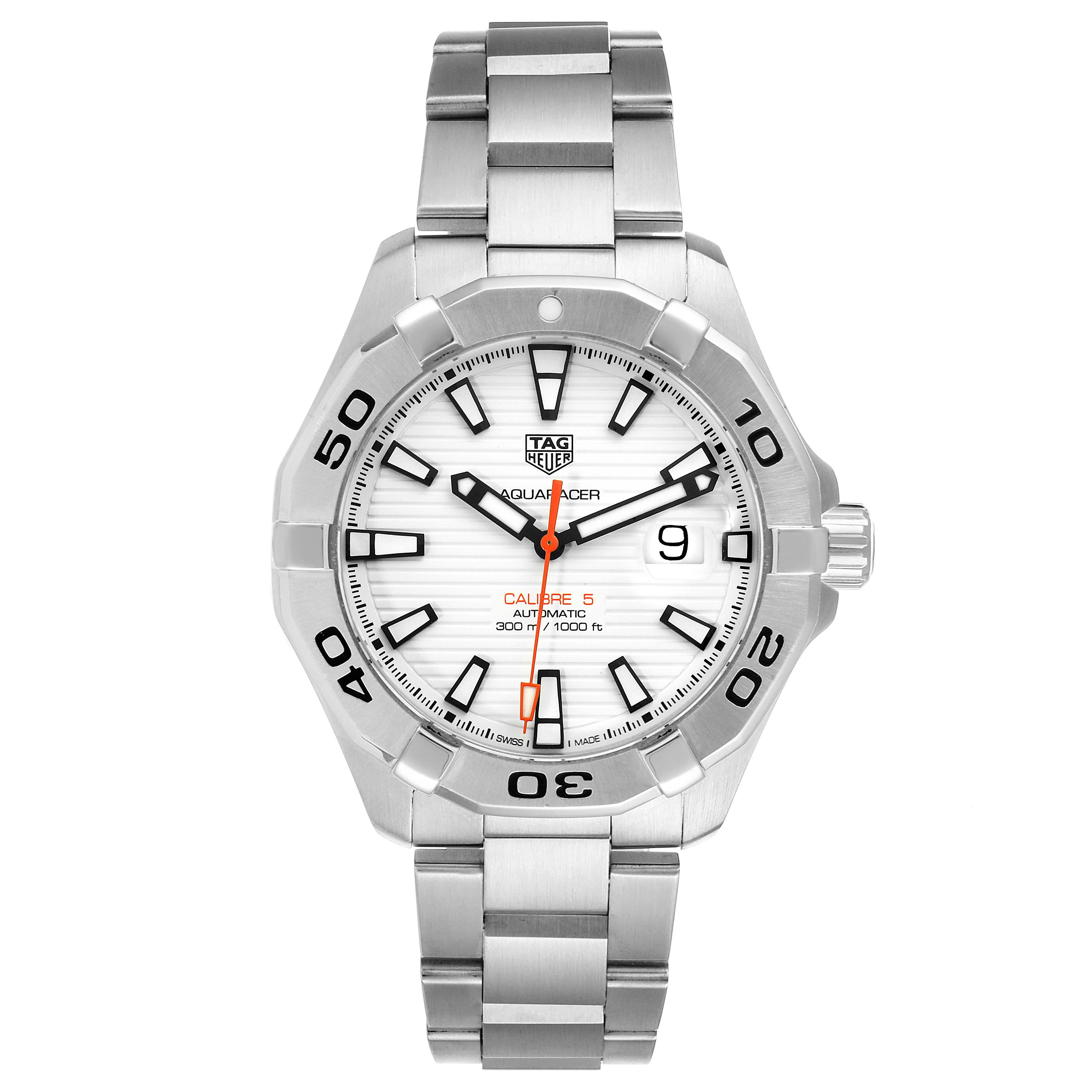 The image shows a front view of a Tag Heuer Aquaracer WAY2013.BA0927 Men's Stainless Steel White Dial WAY2013.BA0927 Men's Stainless Steel White Dial watch, highlighting its face, bezel, crown, and bracelet.