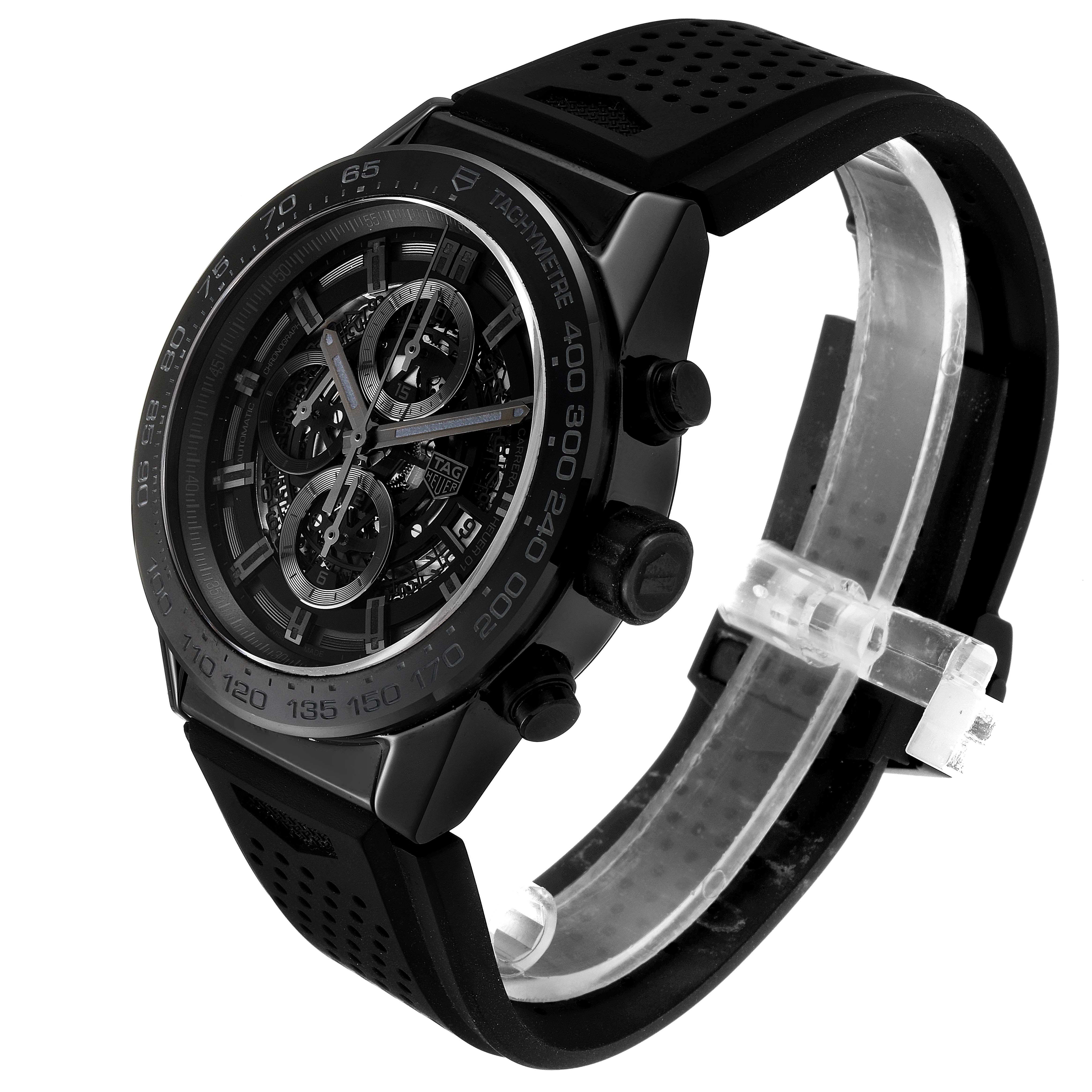 The image shows a side and front view of a Tag Heuer Carrera CAR2A90.FT6071 Men's Ceramic Black Dial CAR2A90.FT6071 Men's Ceramic Black Dial model watch, highlighting its dial, bezel, and strap.