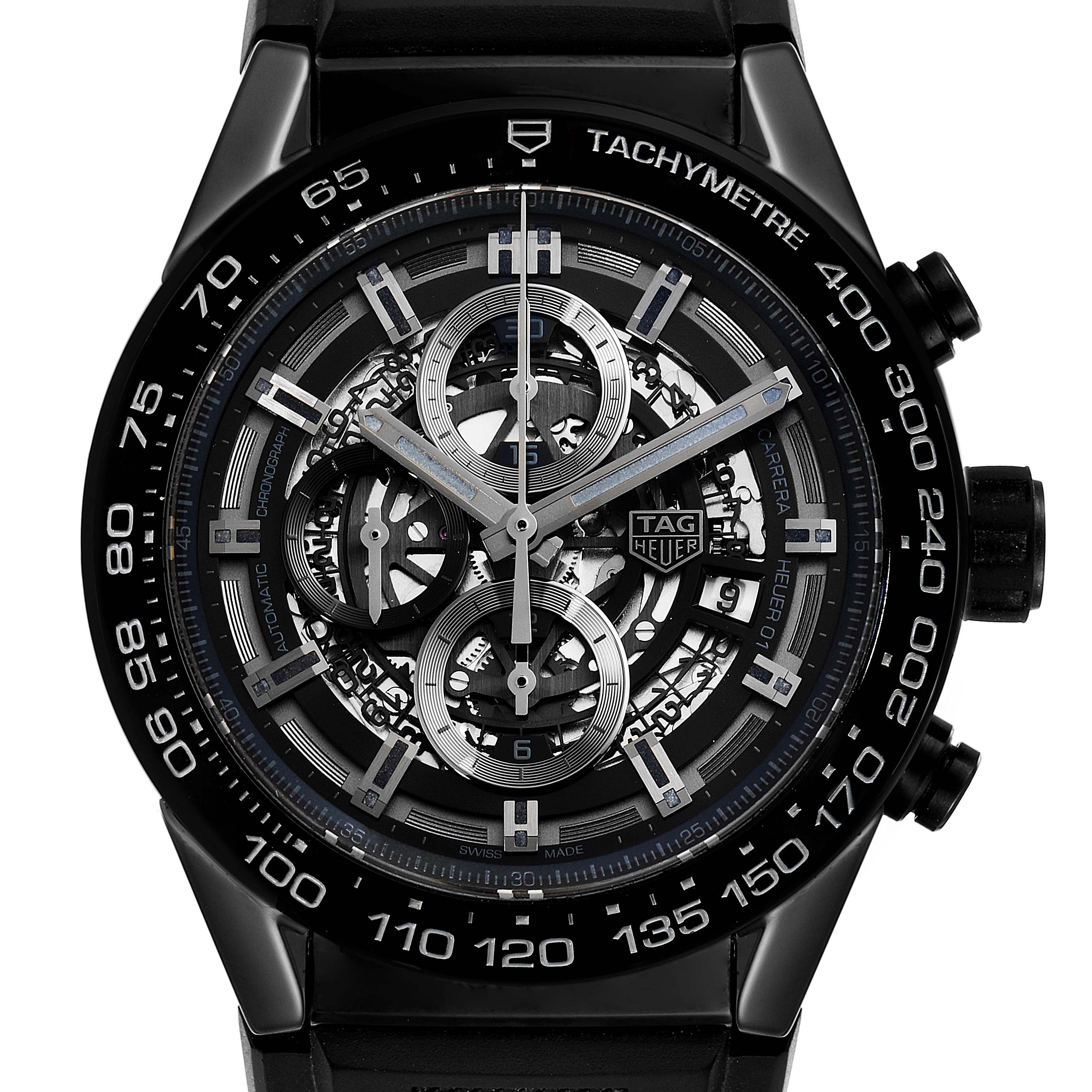 This image shows a front view of the Tag Heuer Carrera CAR2A90.FT6071 Men's Ceramic Black Dial CAR2A90.FT6071 Men's Ceramic Black Dial watch, highlighting its tachymeter, skeleton dial, and chronograph features.