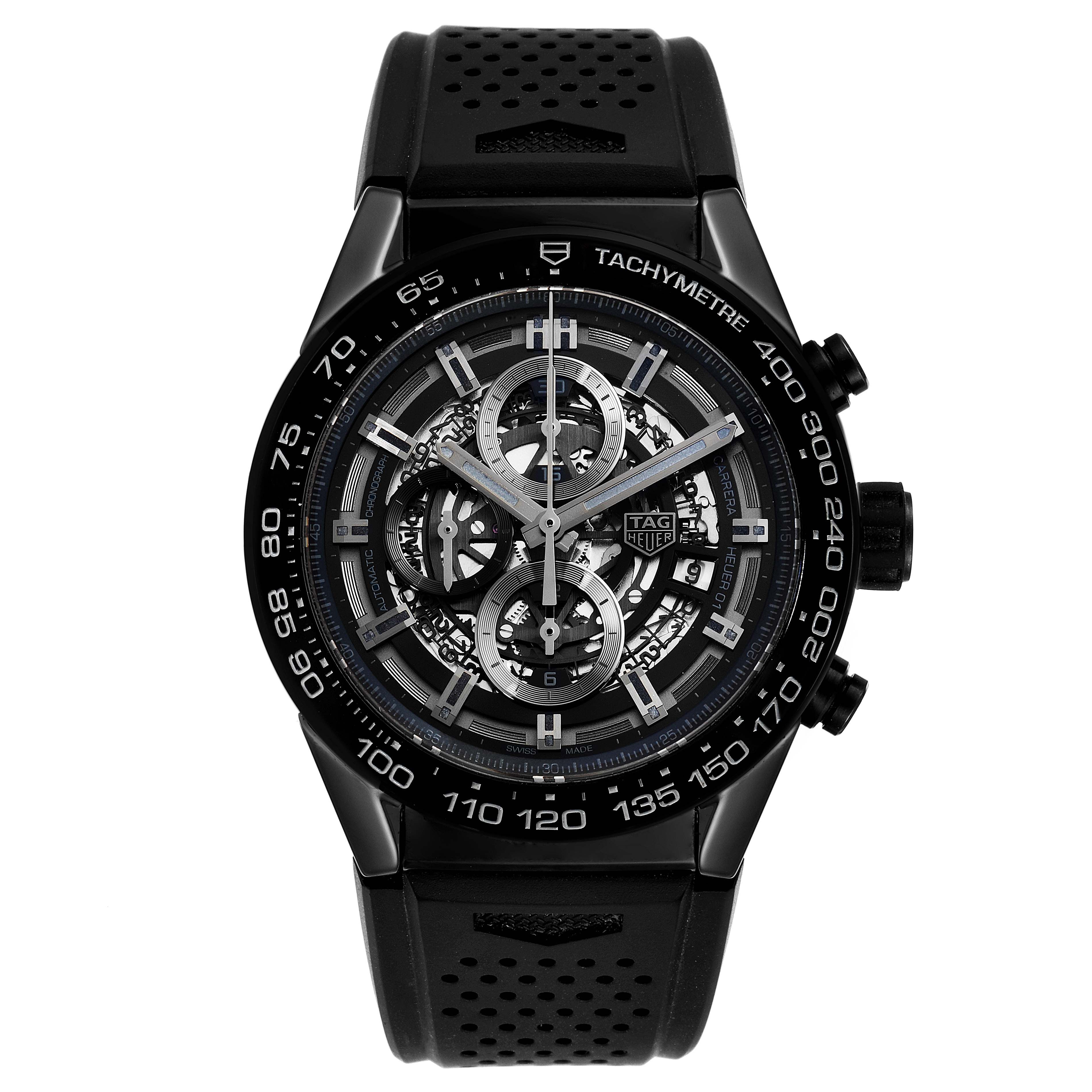 The image shows a frontal view of the Tag Heuer Carrera CAR2A90.FT6071 Men's Ceramic Black Dial CAR2A90.FT6071 Men's Ceramic Black Dial watch displaying the face and part of the strap.