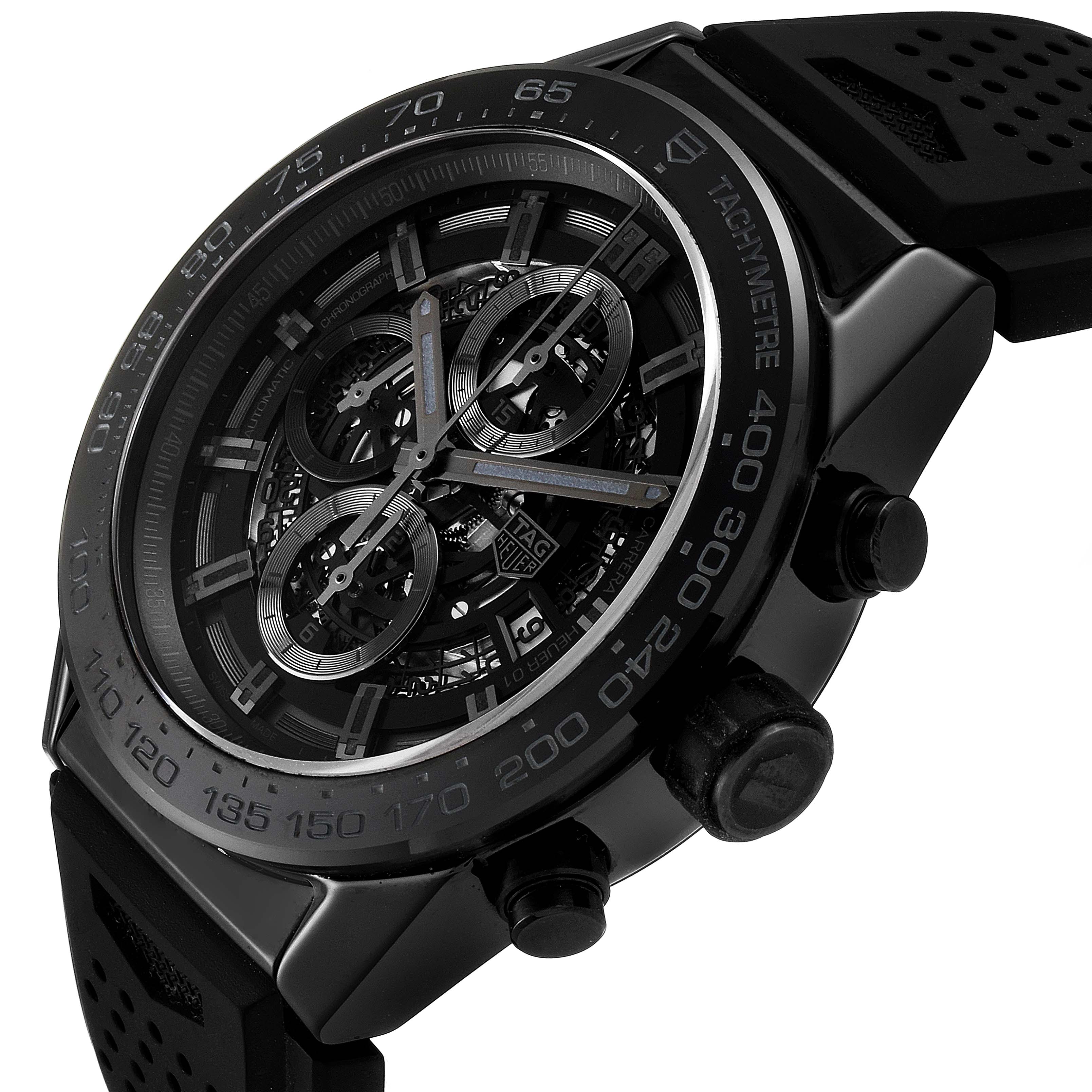 This image shows a close-up angle of the Tag Heuer Carrera CAR2A90.FT6071 Men's Ceramic Black Dial CAR2A90.FT6071 Men's Ceramic Black Dial watch, highlighting its multi-dial face and side buttons.