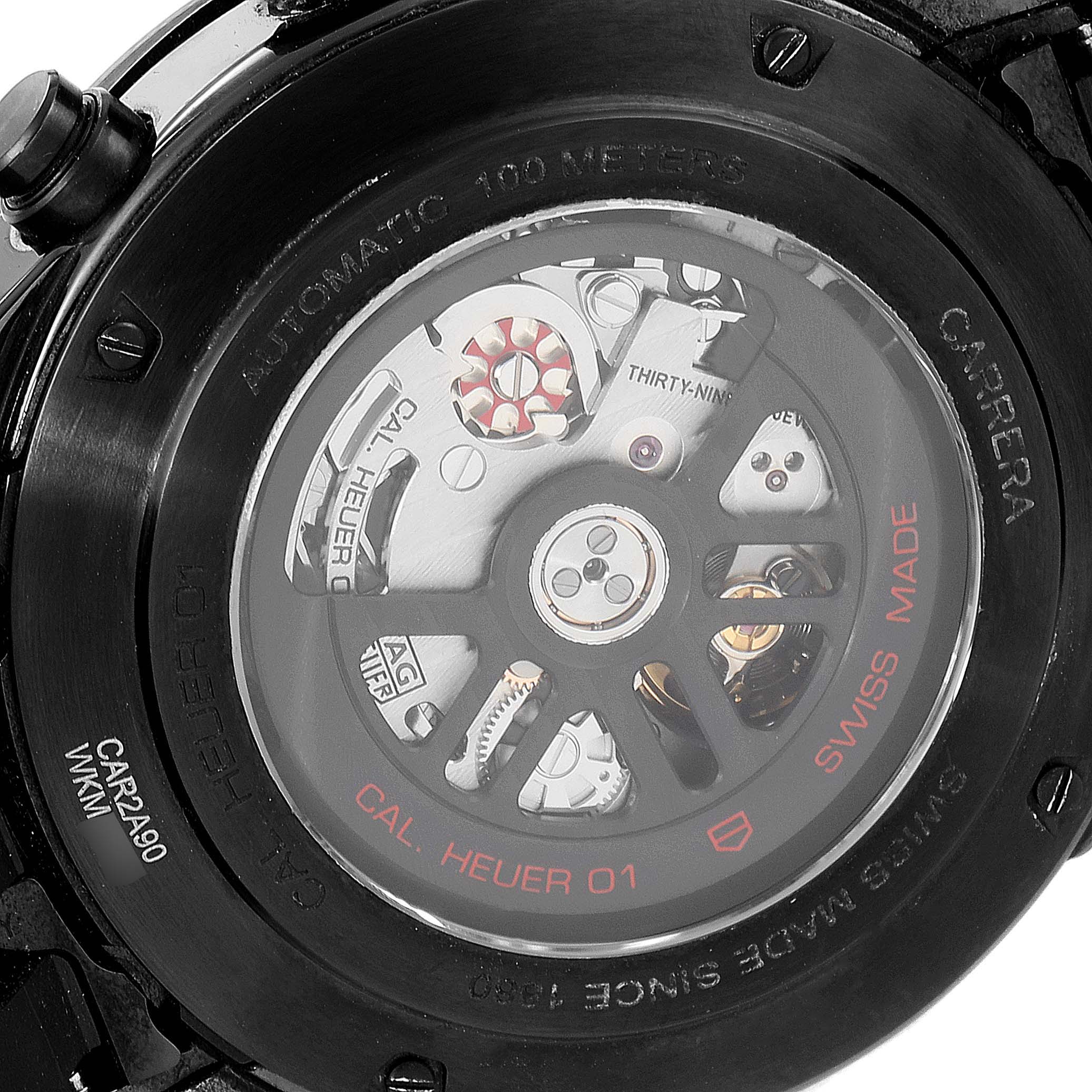 The image shows the back view of the Tag Heuer Carrera CAR2A90.FT6071 Men's Ceramic Black Dial CAR2A90.FT6071 Men's Ceramic Black Dial watch, highlighting its automatic movement and intricate mechanics.