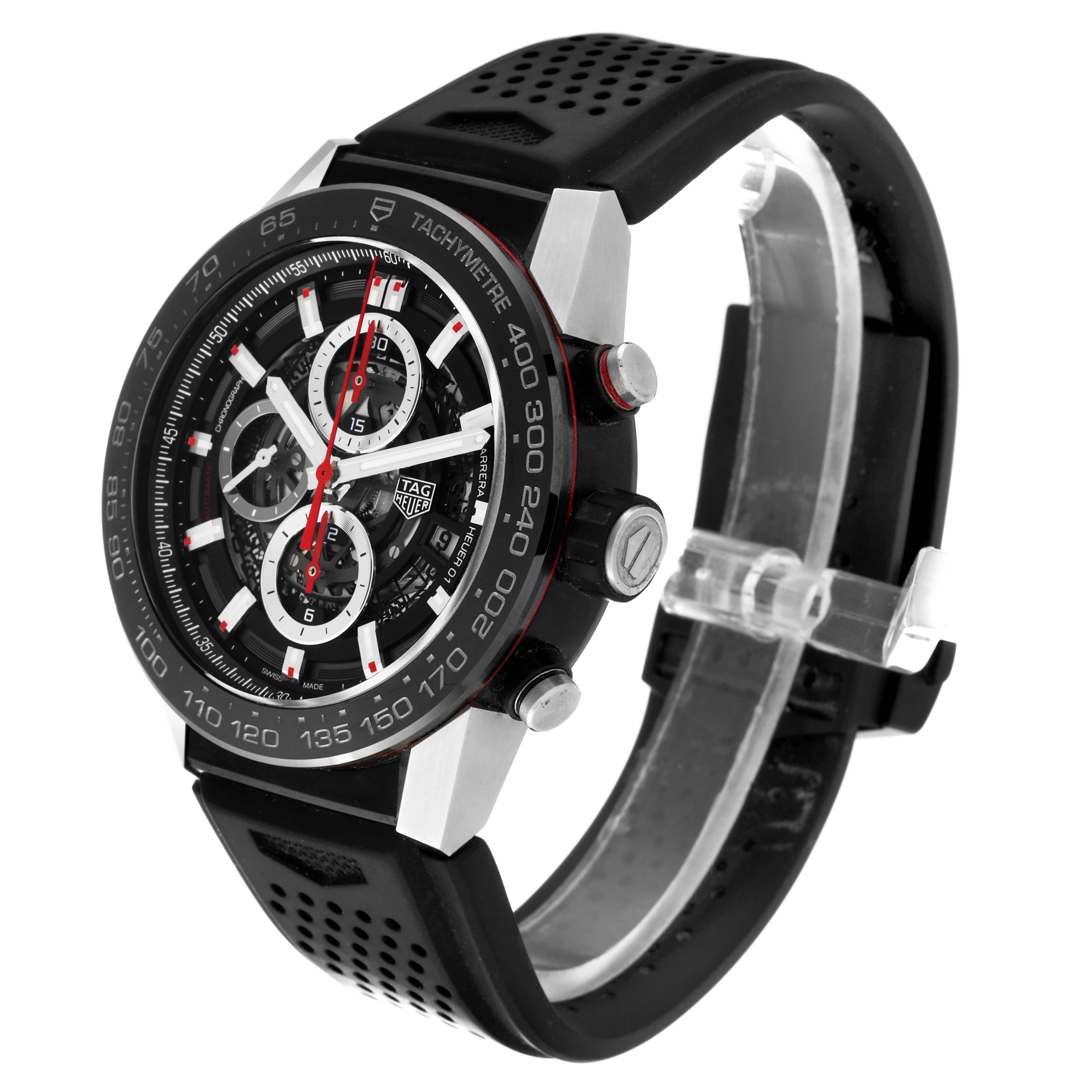 The image shows a side angle view of the Tag Heuer Carrera CAR2A1Z.FT6044 Men's Stainless Steel Black Dial CAR2A1Z.FT6044 Men's Stainless Steel Black Dial watch, highlighting its face, bezel, buttons, and strap.