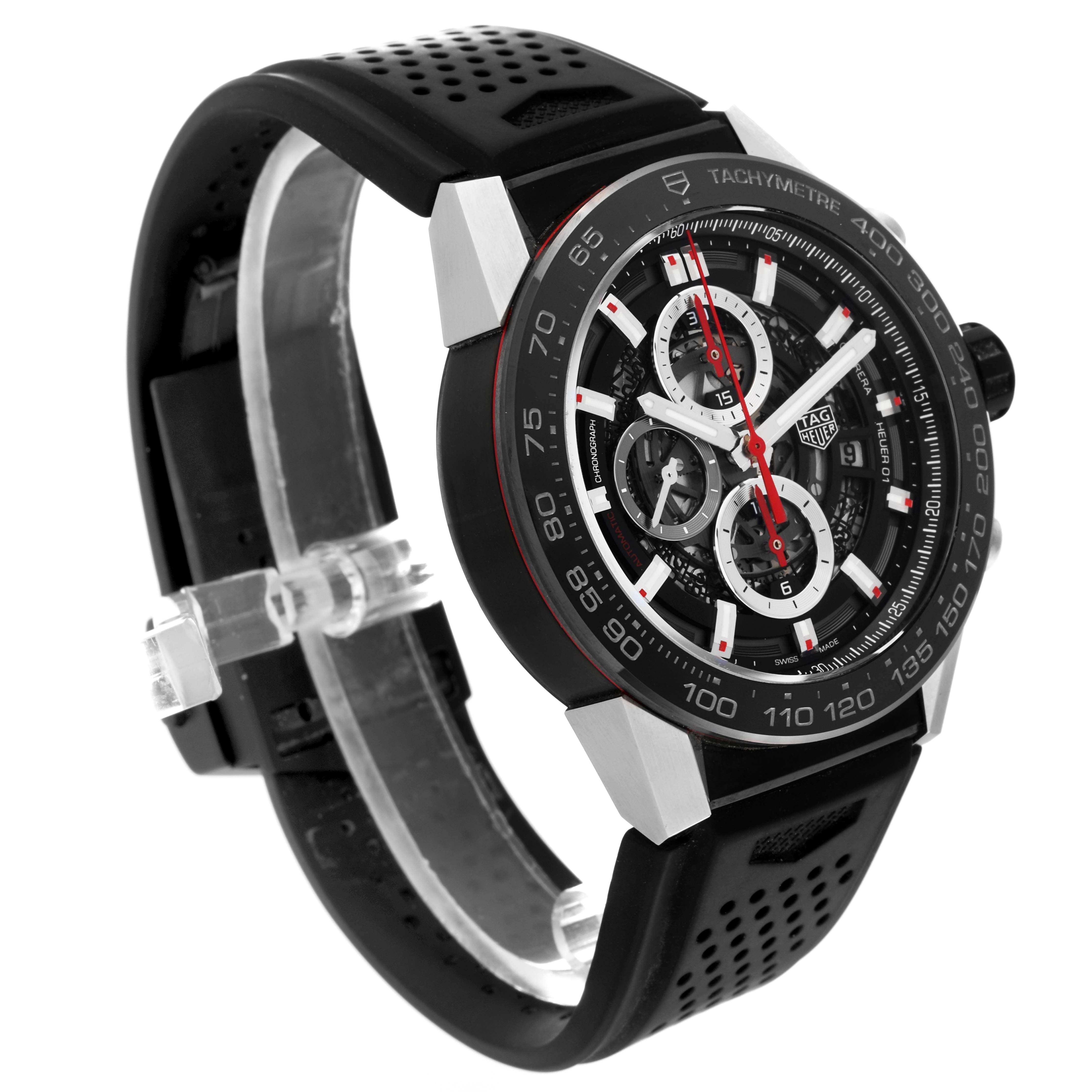 The image shows a side angle view of a Tag Heuer Carrera CAR2A1Z.FT6044 Men's Stainless Steel Black Dial CAR2A1Z.FT6044 Men's Stainless Steel Black Dial watch featuring its black strap, dial, and tachymeter bezel.