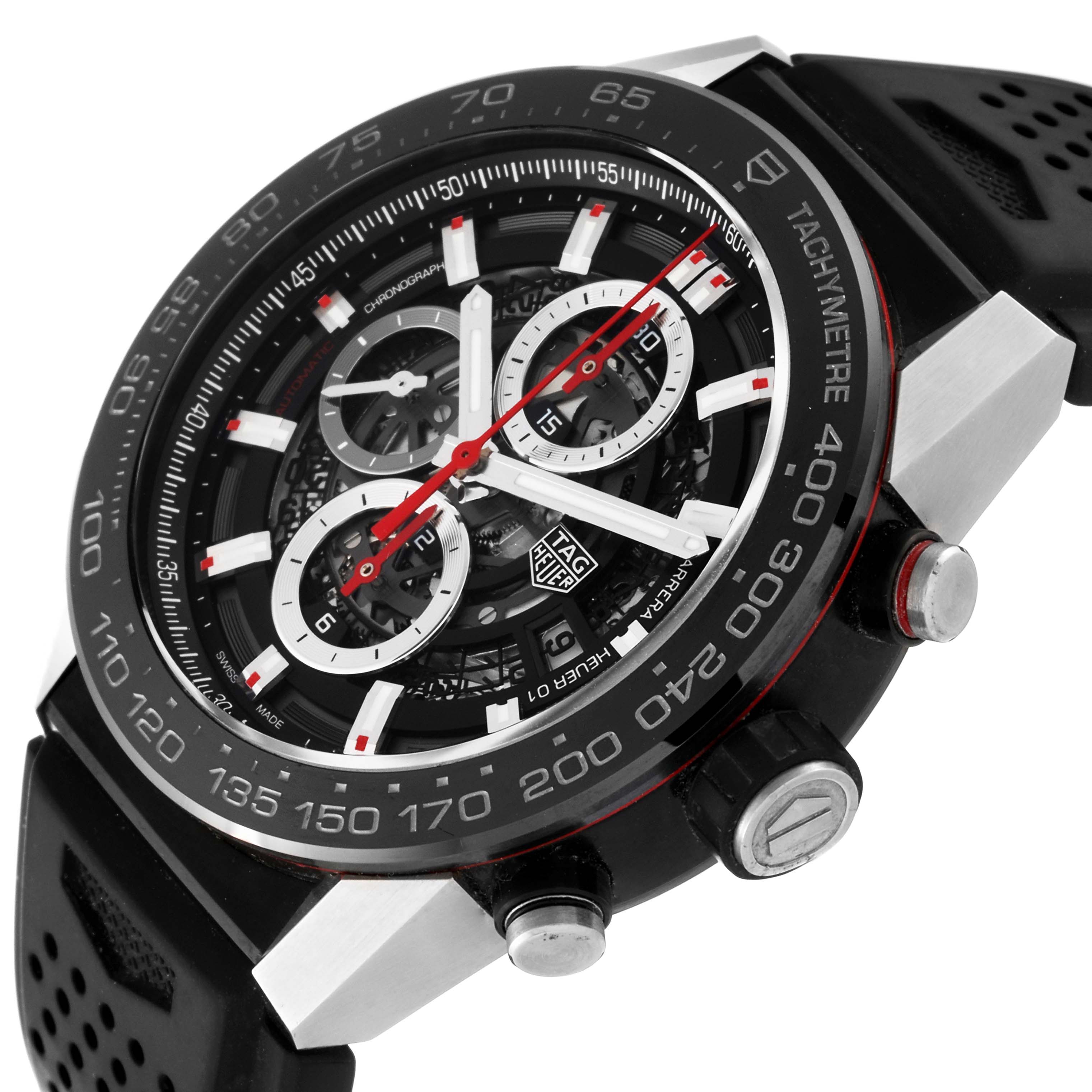 The image shows a close-up of the Tag Heuer Carrera CAR2A1Z.FT6044 Men's Stainless Steel Black Dial CAR2A1Z.FT6044 Men's Stainless Steel Black Dial watch face and side buttons at an angle highlighting the details of its design.