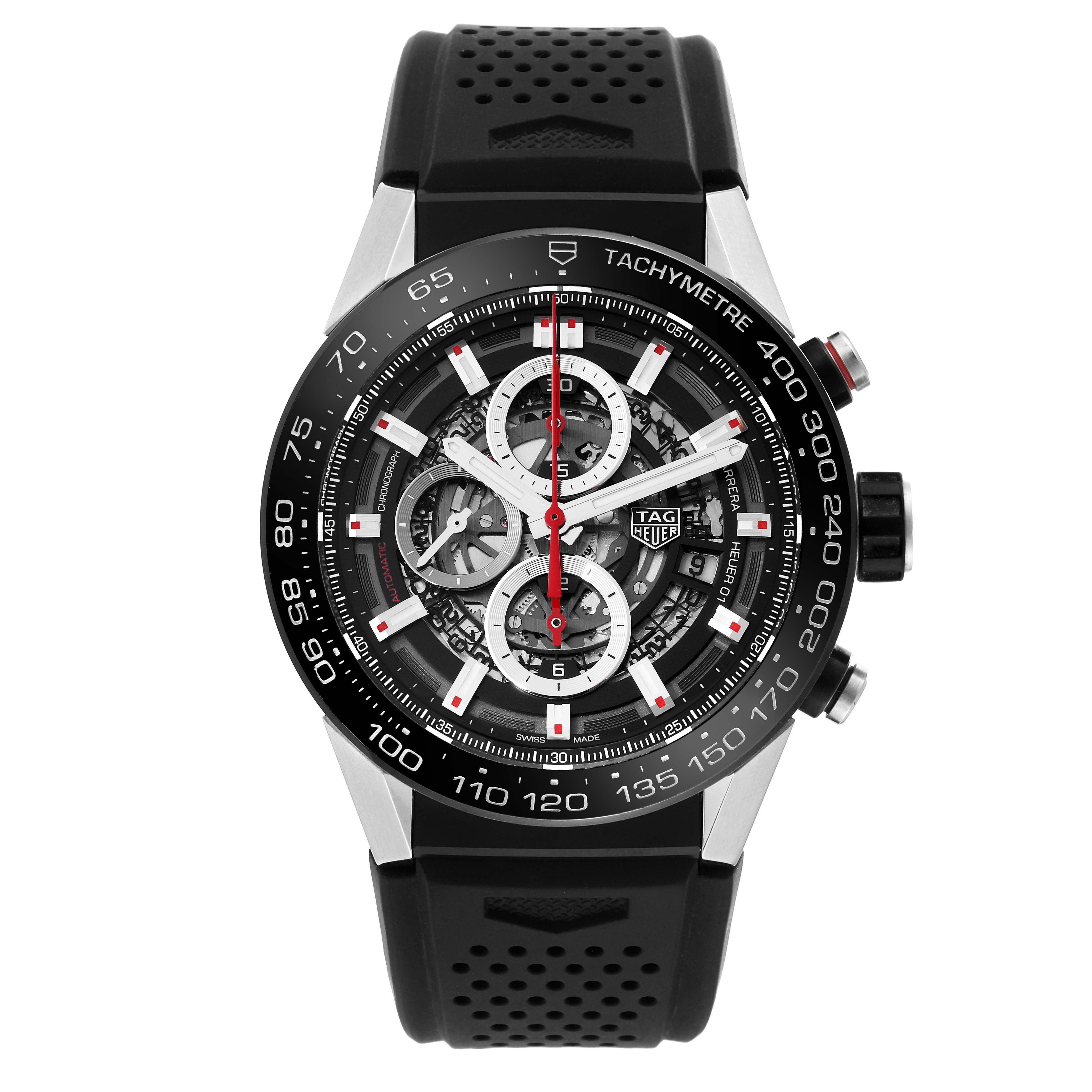 This Tag Heuer Carrera CAR2A1Z.FT6044 Men's Stainless Steel Black Dial CAR2A1Z.FT6044 Men's Stainless Steel Black Dial watch is shown from the front, featuring a black tachymeter bezel and a black perforated strap.