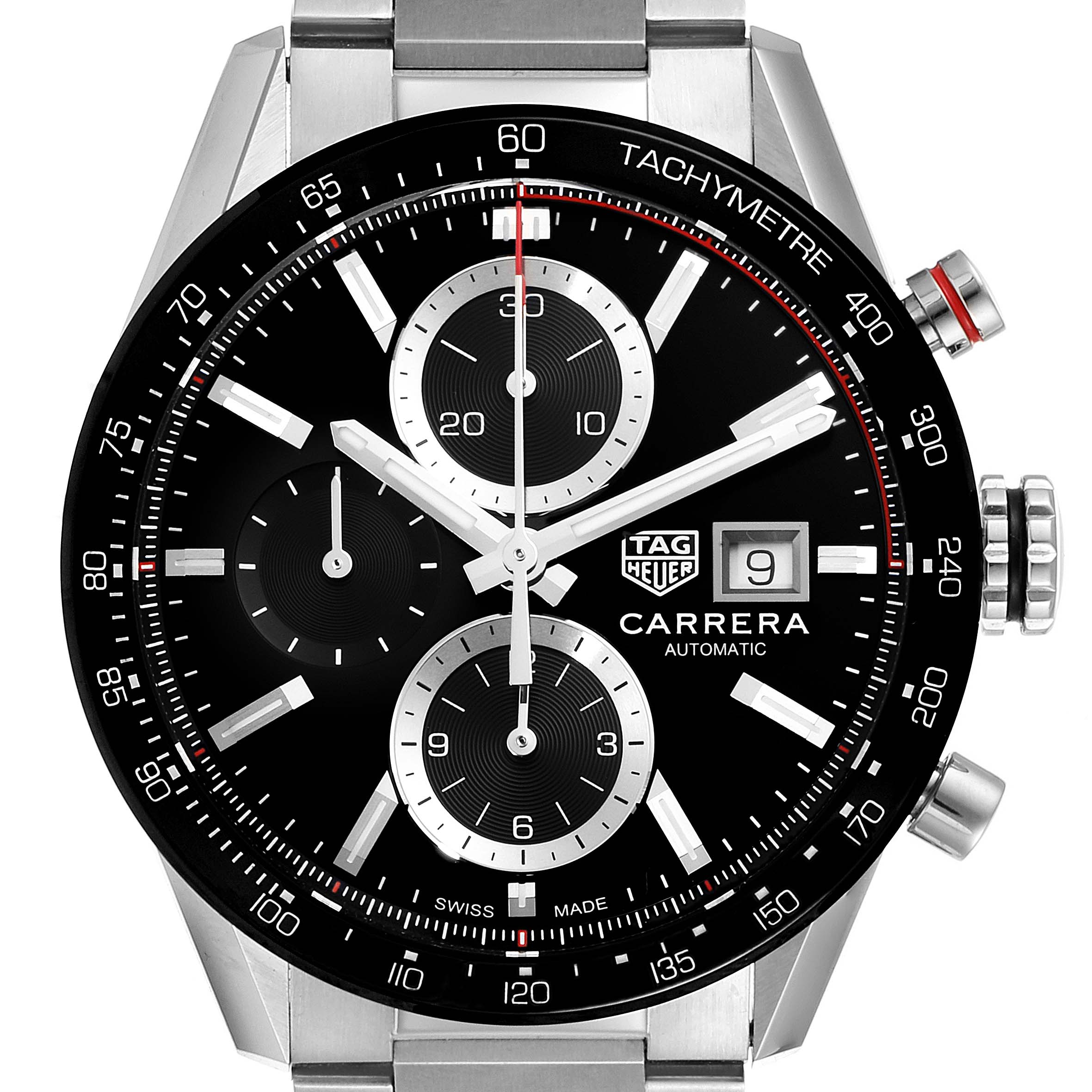 The image shows a front view of the Tag Heuer Carrera CBM2110 Men
s Stainless Steel Black Dial CBM2110 Men
s Stainless Steel Black Dial watch, highlighting the dial, tachymeter scale, and chronograph sub-dials.