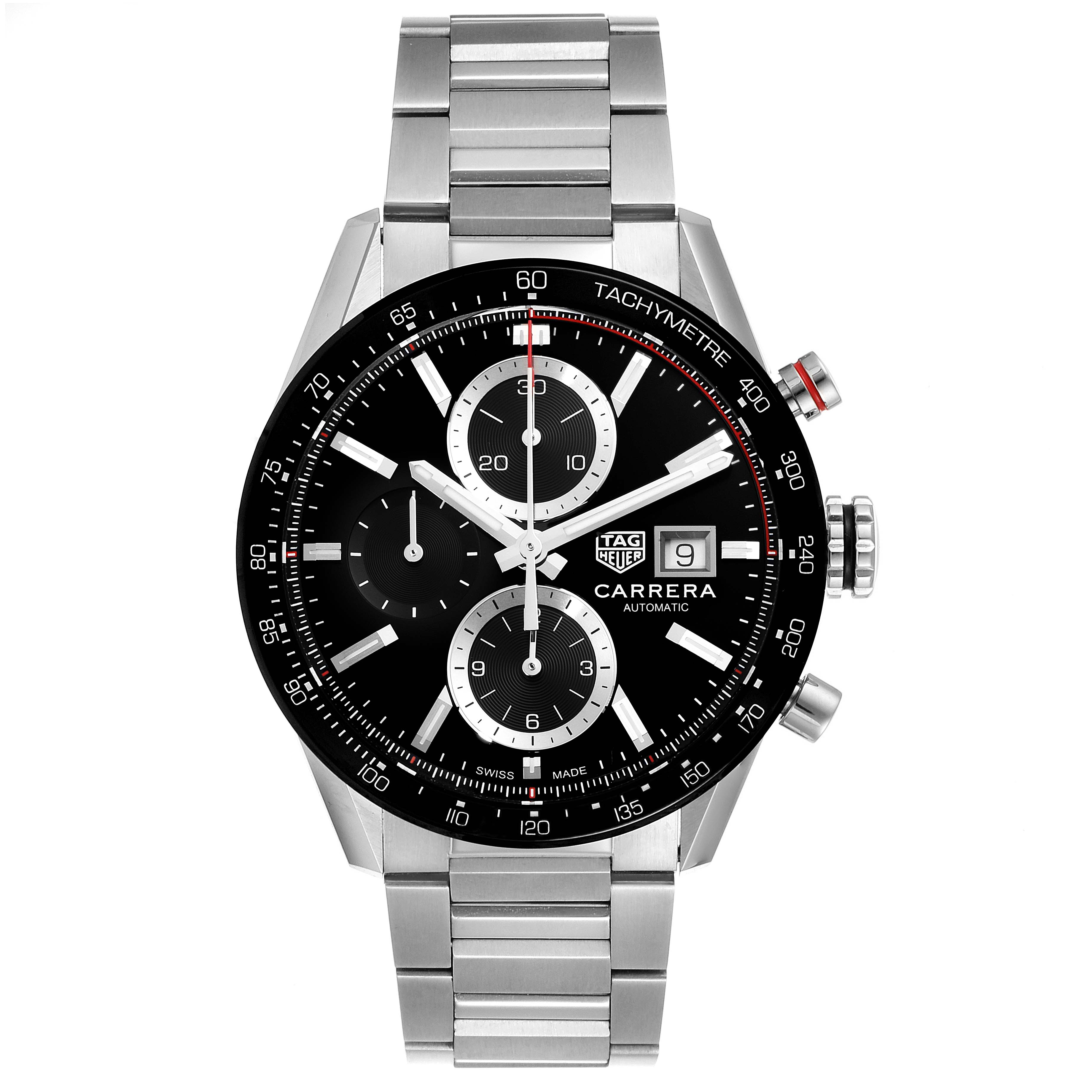 This image shows a front view of a Tag Heuer Carrera CBM2110 Men
s Stainless Steel Black Dial CBM2110 Men
s Stainless Steel Black Dial watch, featuring its face, bezel, and metal bracelet.