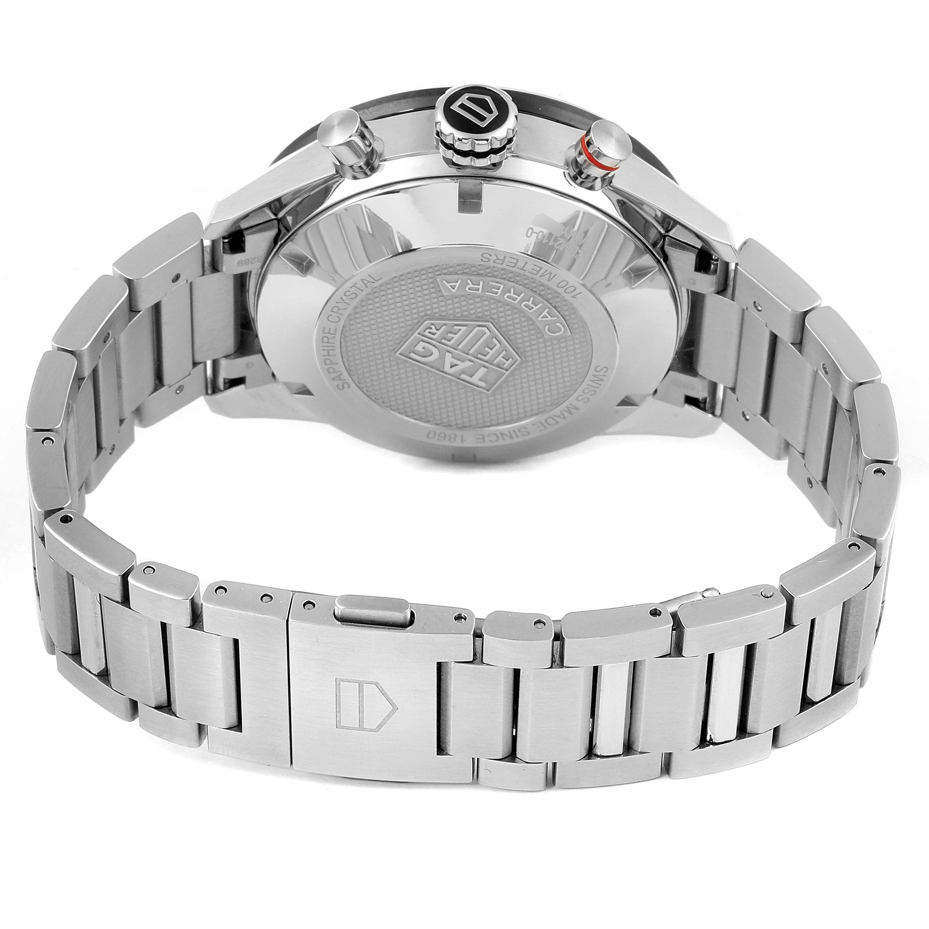 This image shows the back and side view of the Carrera watch by Tag Heuer, highlighting the bracelet, clasp, and watch case.