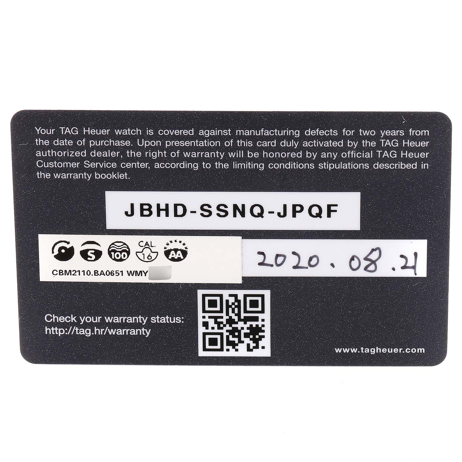 This is the warranty card for the Tag Heuer Carrera CBM2110 Men
s Stainless Steel Black Dial CBM2110 Men
s Stainless Steel Black Dial model watch, containing a serial number, reference code, and purchase date.
