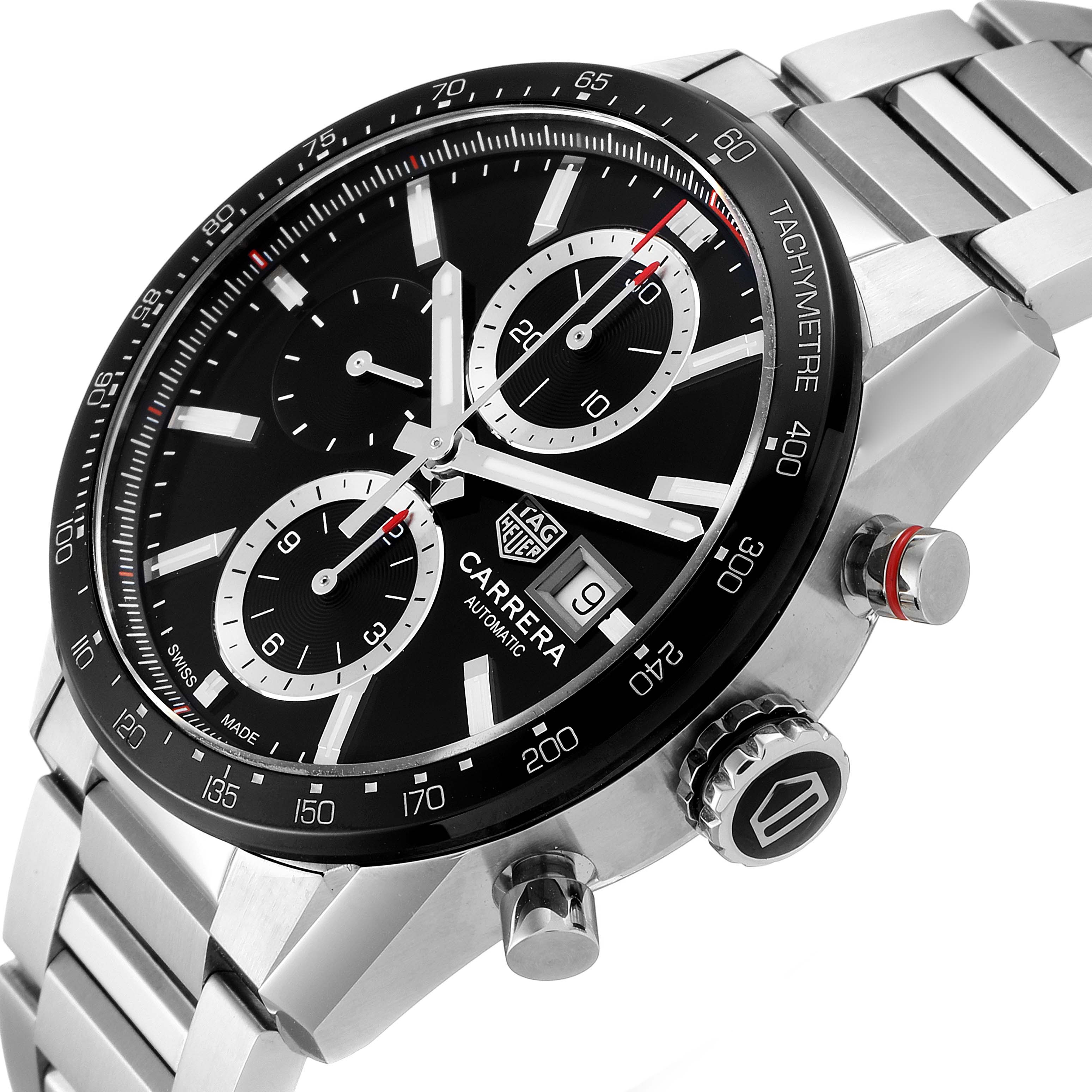 The Tag Heuer Carrera CBM2110 Men
s Stainless Steel Black Dial CBM2110 Men
s Stainless Steel Black Dial watch is shown at an angle highlighting its face, crown, pushers, and metal bracelet.