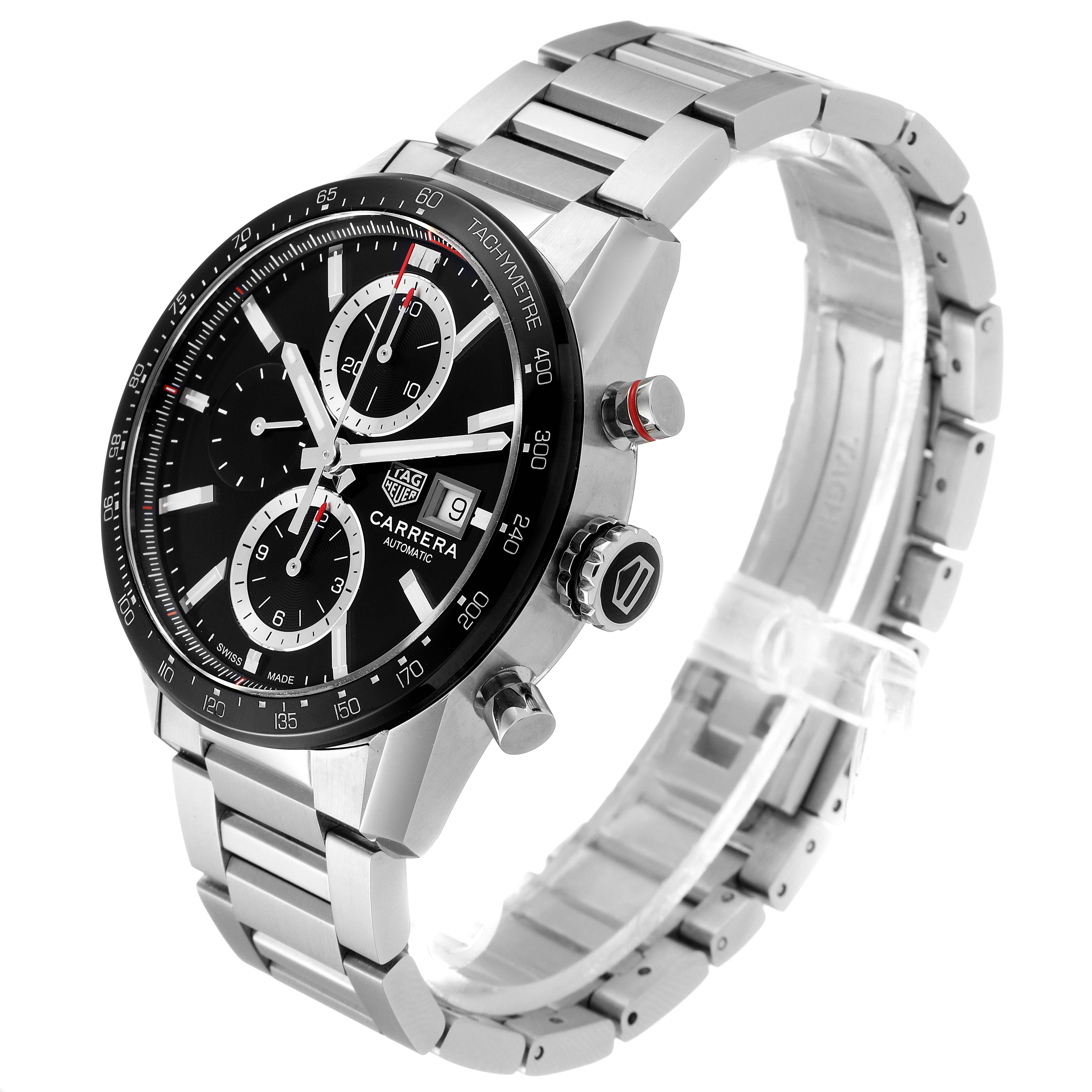 The image shows a Tag Heuer Carrera CBM2110 Men
s Stainless Steel Black Dial CBM2110 Men
s Stainless Steel Black Dial watch from a side angle, highlighting the face, crown, and metal bracelet.