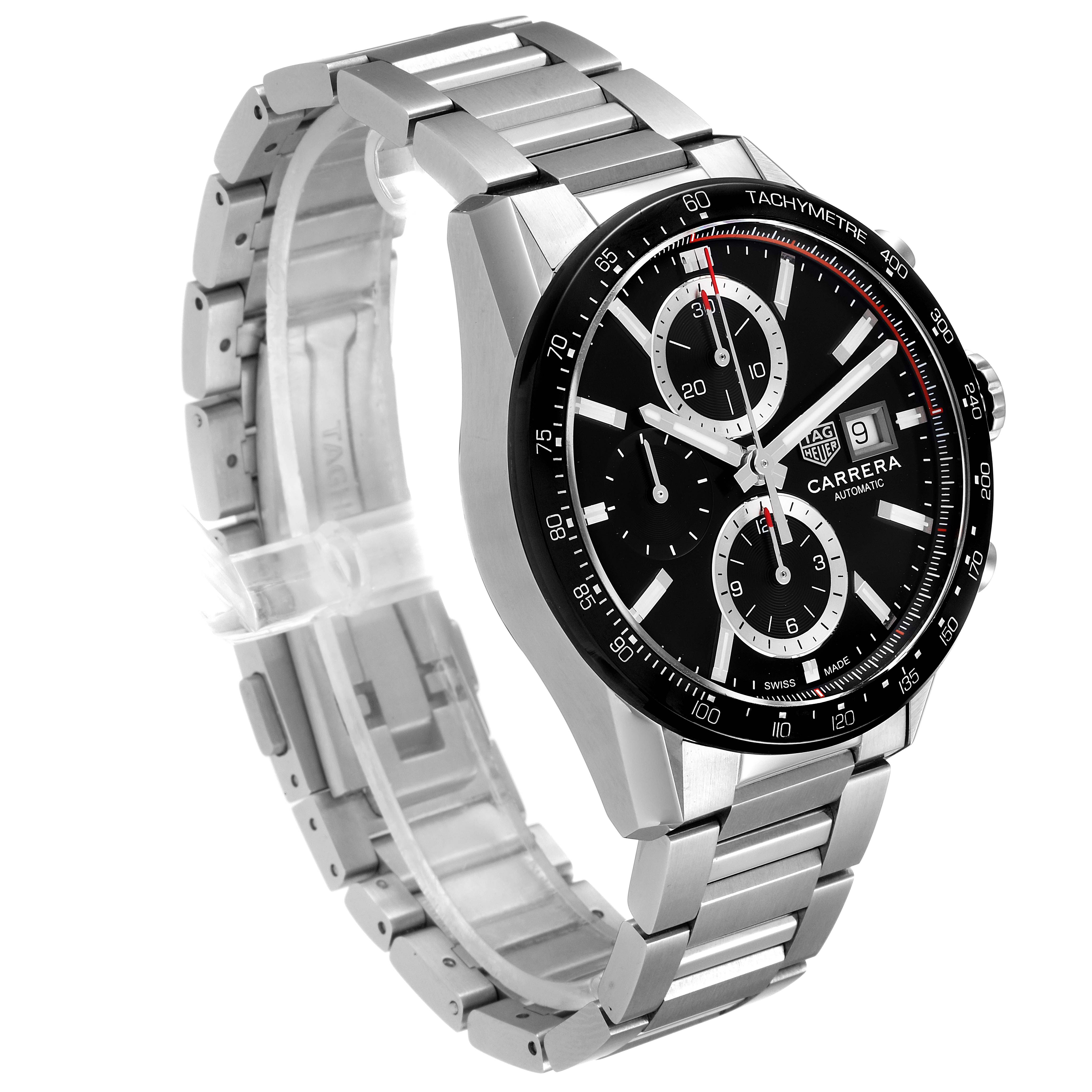 The image shows a side view angle of the Tag Heuer Carrera CBM2110 Men
s Stainless Steel Black Dial CBM2110 Men
s Stainless Steel Black Dial watch, emphasizing the dial, bezel, and stainless steel bracelet.