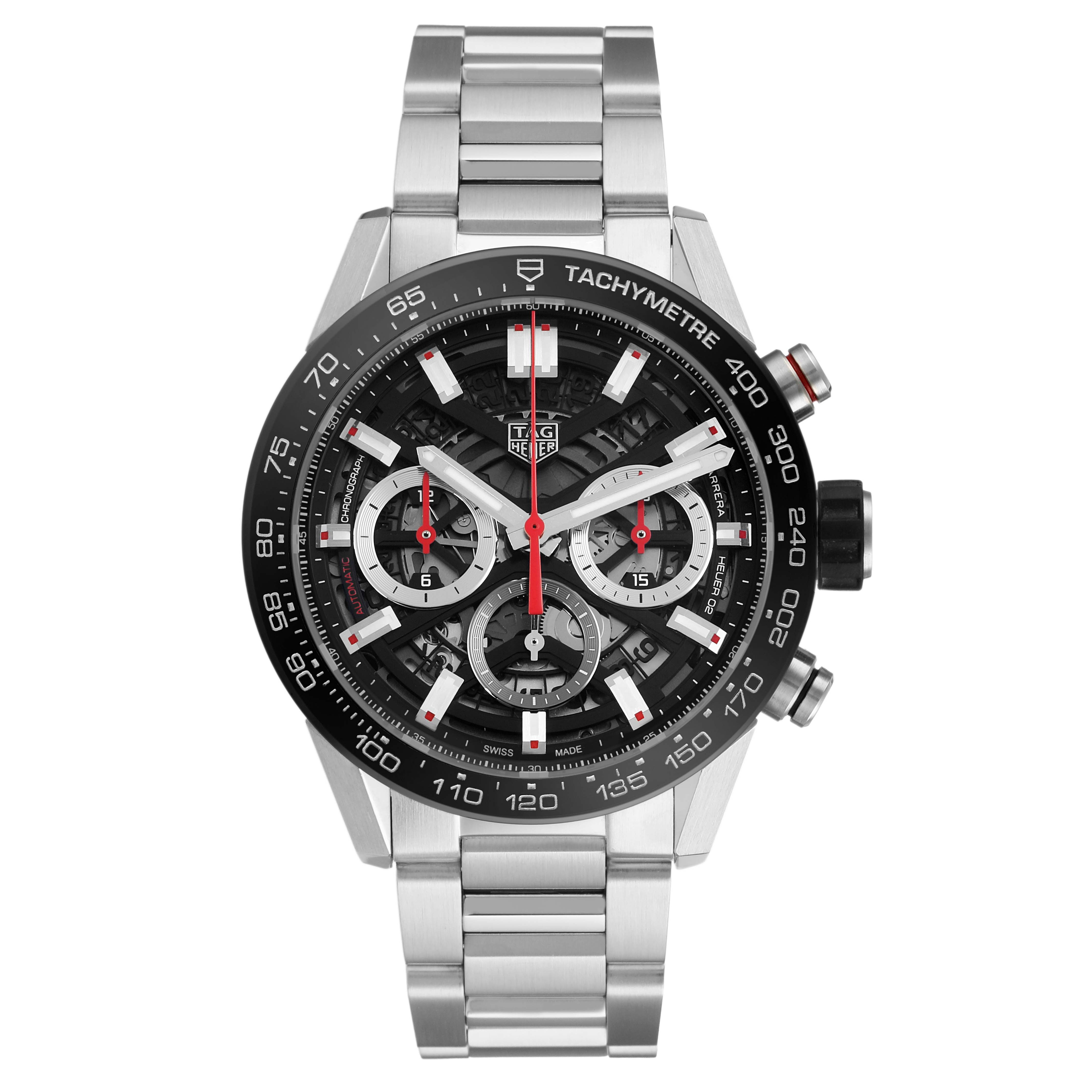 The Tag Heuer Carrera CBG2010 Men's Stainless Steel Black Dial watch is shown from a front view, displaying the face, bezel, and stainless steel bracelet.