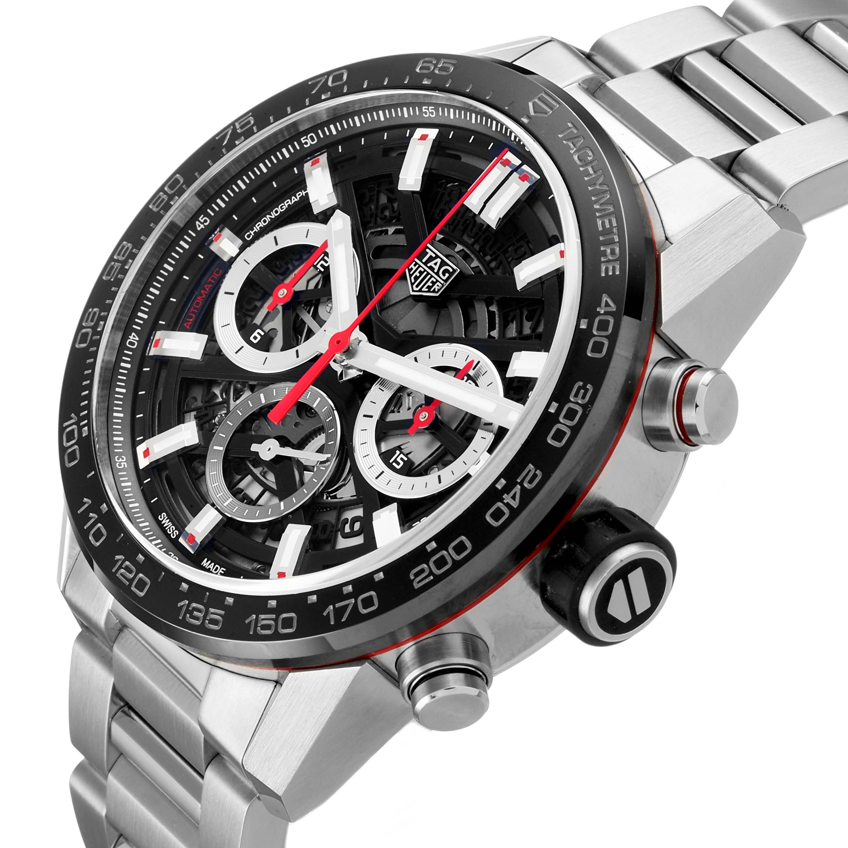 The Tag Heuer Carrera CBG2010 Men's Stainless Steel Black Dial watch is shown from a side angle, highlighting the face, tachymeter, crown, and steel bracelet.