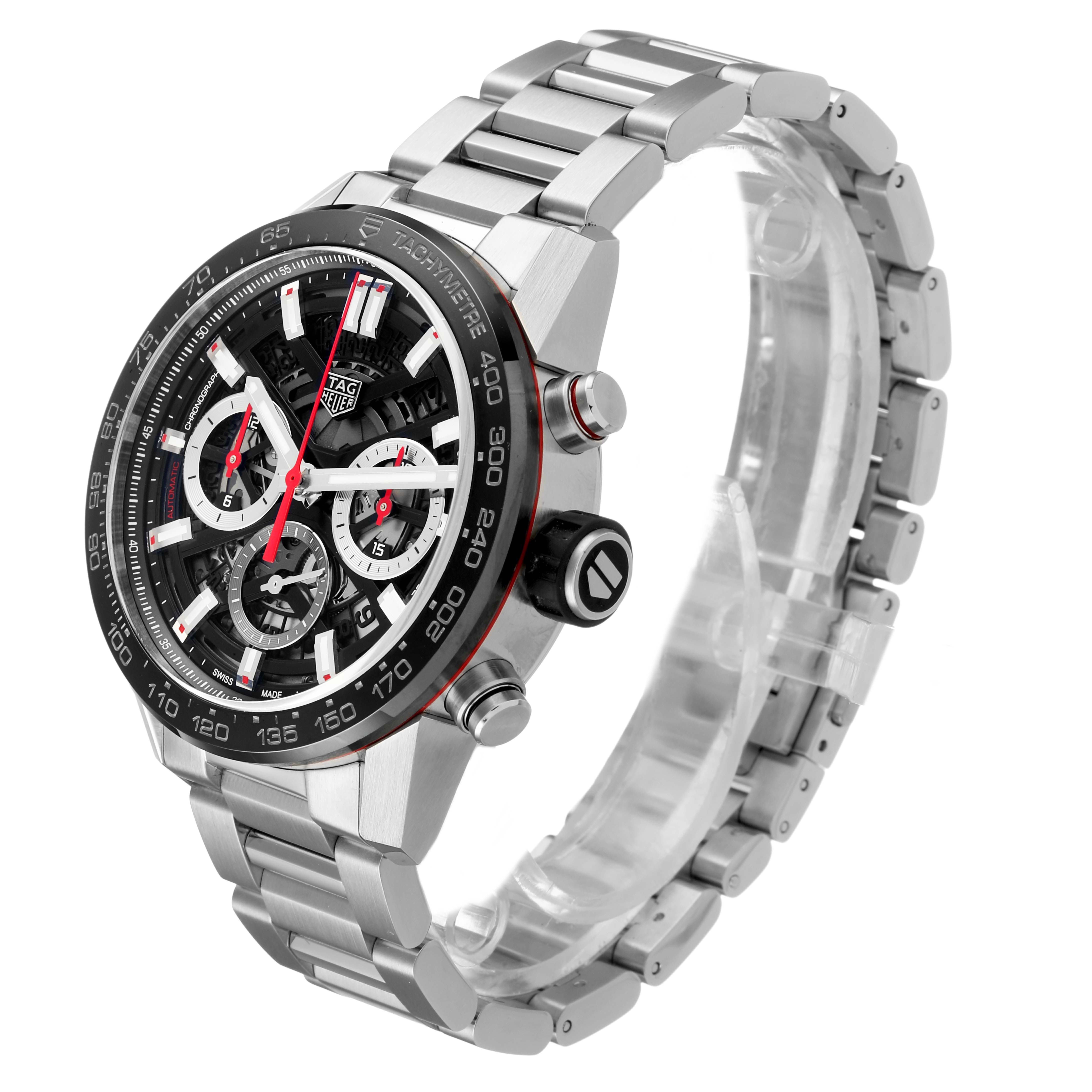 The Tag Heuer Carrera CBG2010 Men's Stainless Steel Black Dial watch is shown from a front-side angle, highlighting the dial, bezel, pushers, and bracelet.