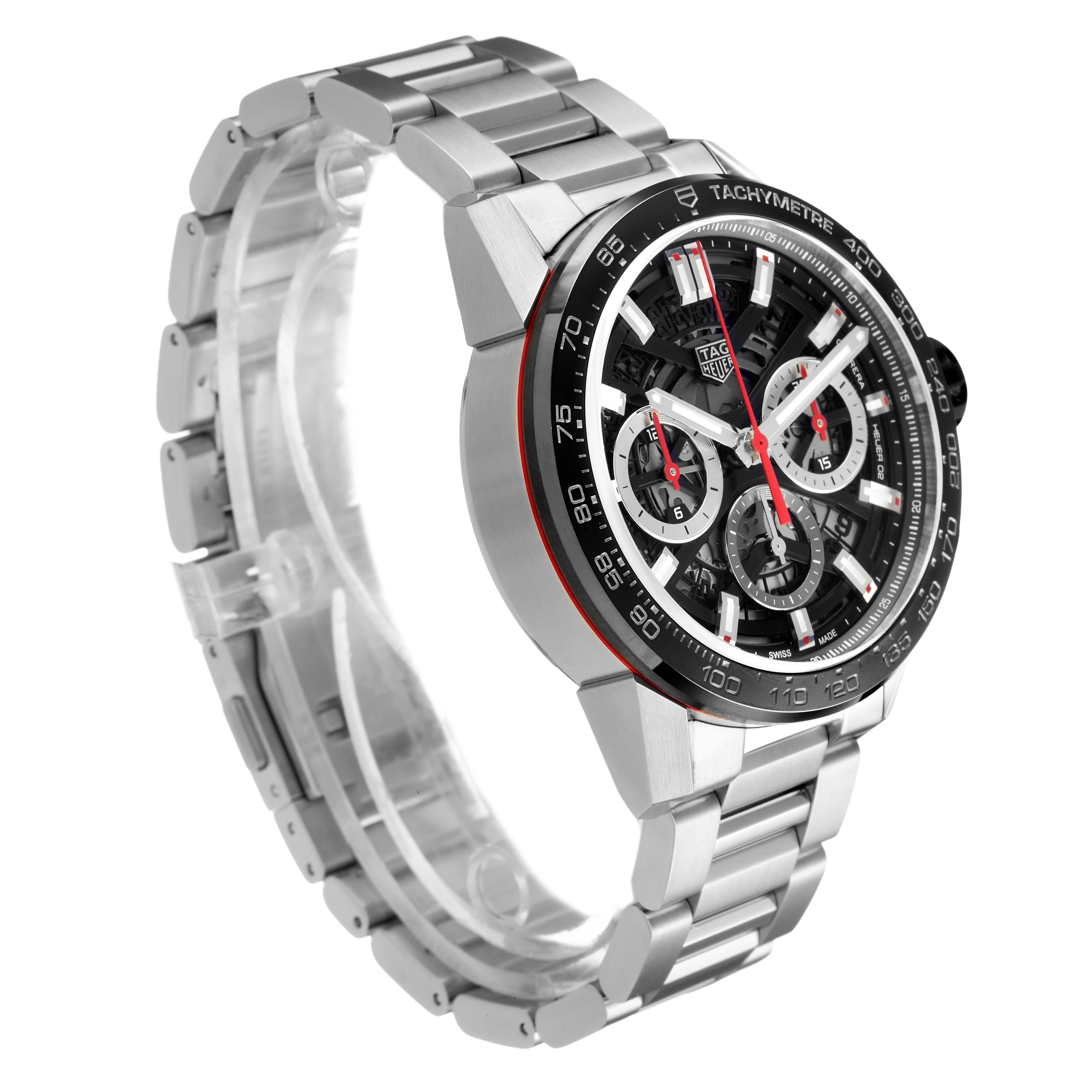 The Tag Heuer Carrera CBG2010 Men's Stainless Steel Black Dial watch is shown at a three-quarter angle, highlighting the face, bezel, band, and tachymeter scale.