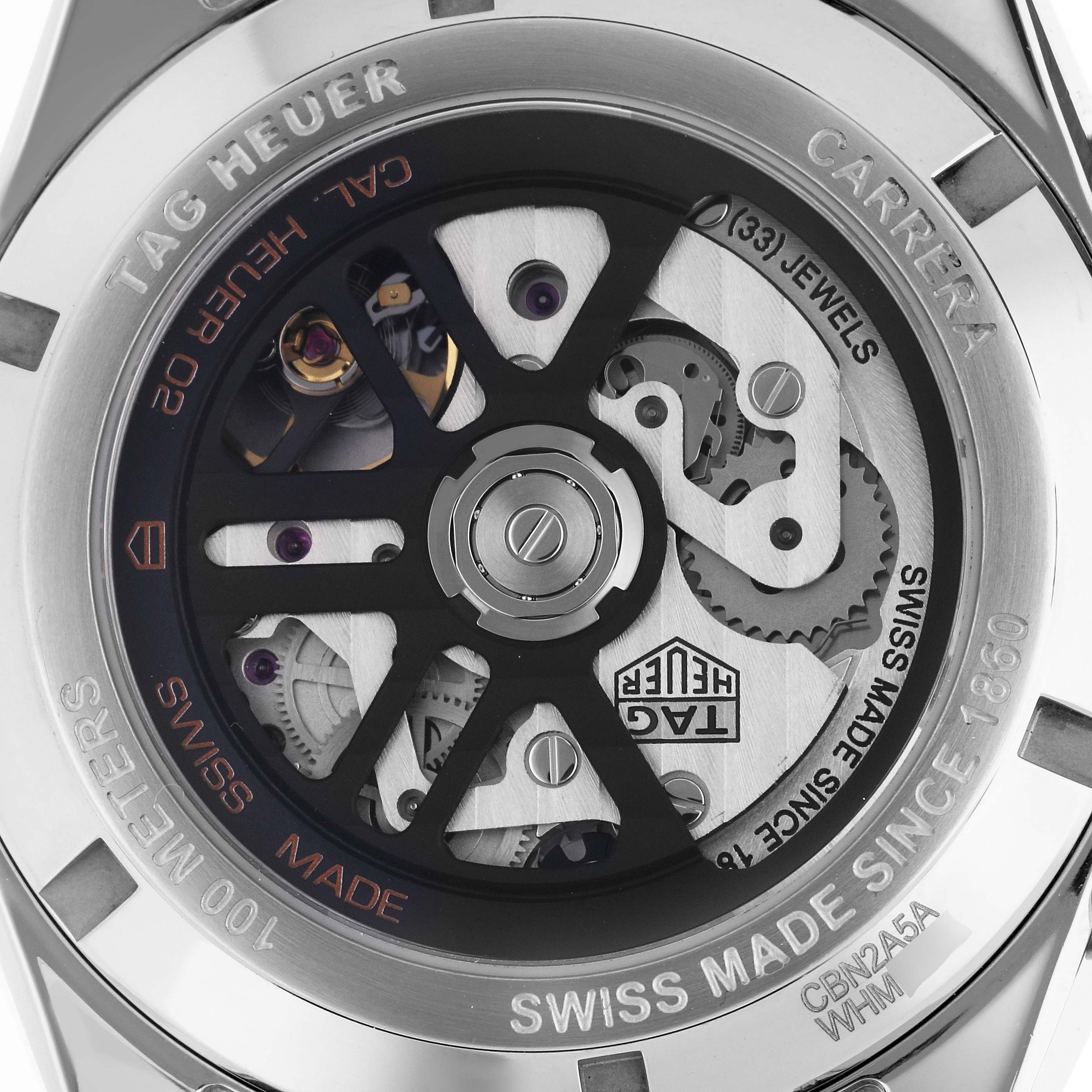 This image shows the back view of the Tag Heuer Carrera CBN2A5A.FC6481 Men's Steel and Gold (two tone) Black Dial CBN2A5A.FC6481 Men's Steel and Gold (two tone) Black Dial watch, highlighting its exposed automatic movement and intricate inner workings.