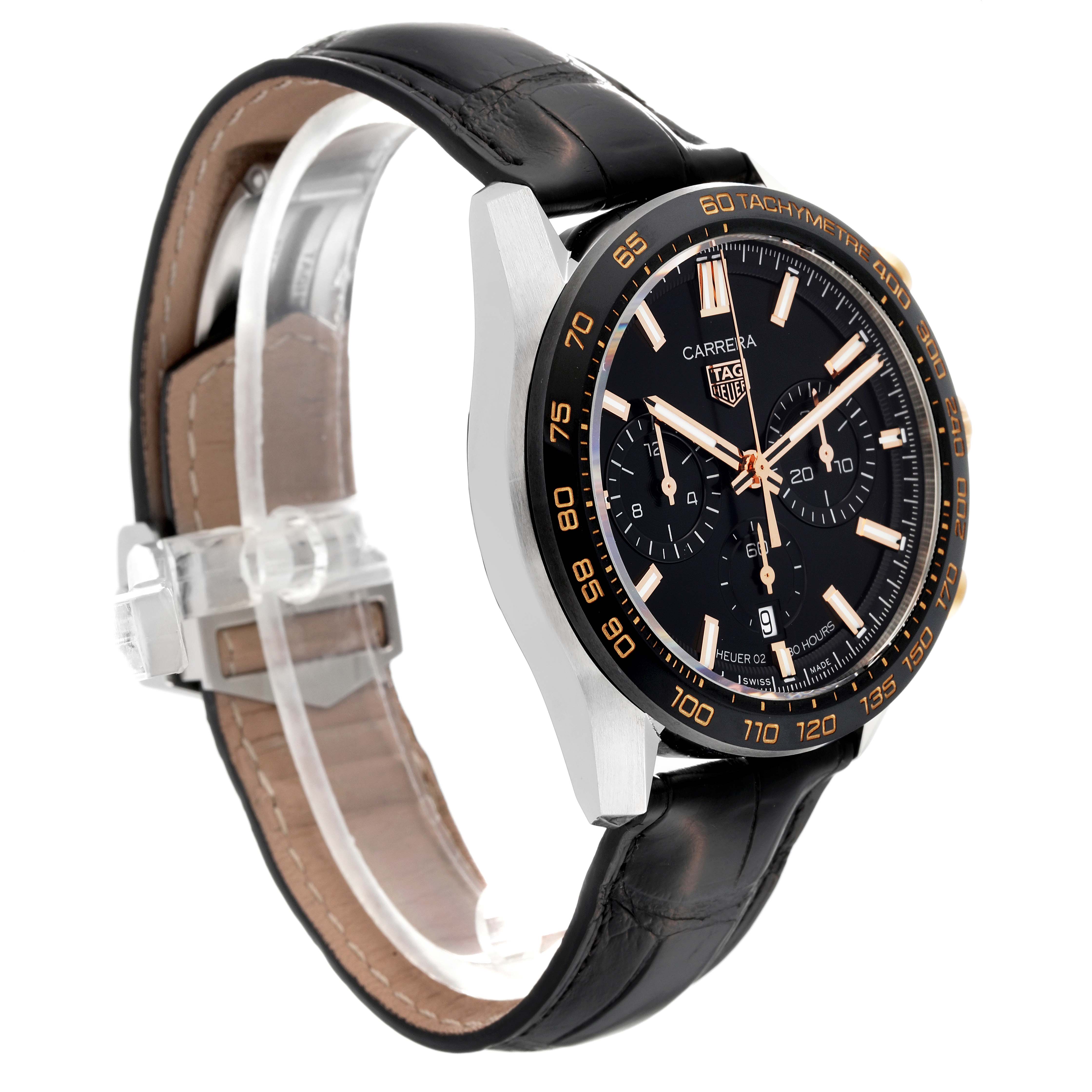 The image shows a three-quarter angled view of the Tag Heuer Carrera CBN2A5A.FC6481 Men's Steel and Gold (two tone) Black Dial CBN2A5A.FC6481 Men's Steel and Gold (two tone) Black Dial watch, highlighting the face, bezel, and leather strap.