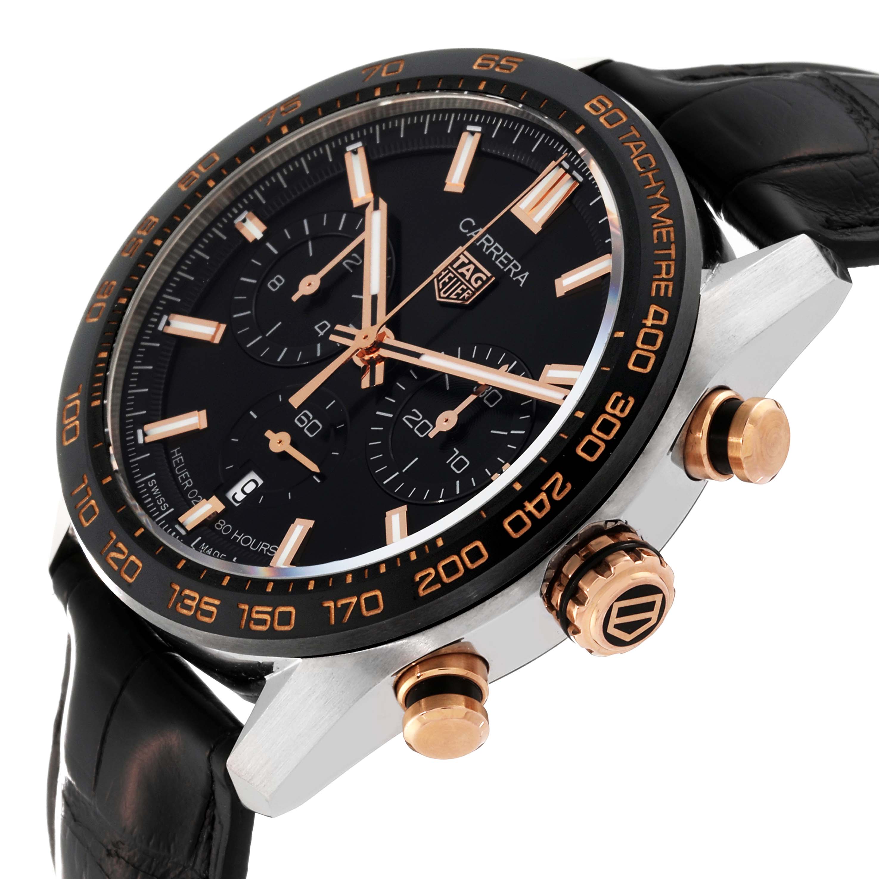 The image shows a Tag Heuer Carrera CBN2A5A.FC6481 Men's Steel and Gold (two tone) Black Dial CBN2A5A.FC6481 Men's Steel and Gold (two tone) Black Dial watch at an angle highlighting its face, tachymeter bezel, and side crown and pushers.