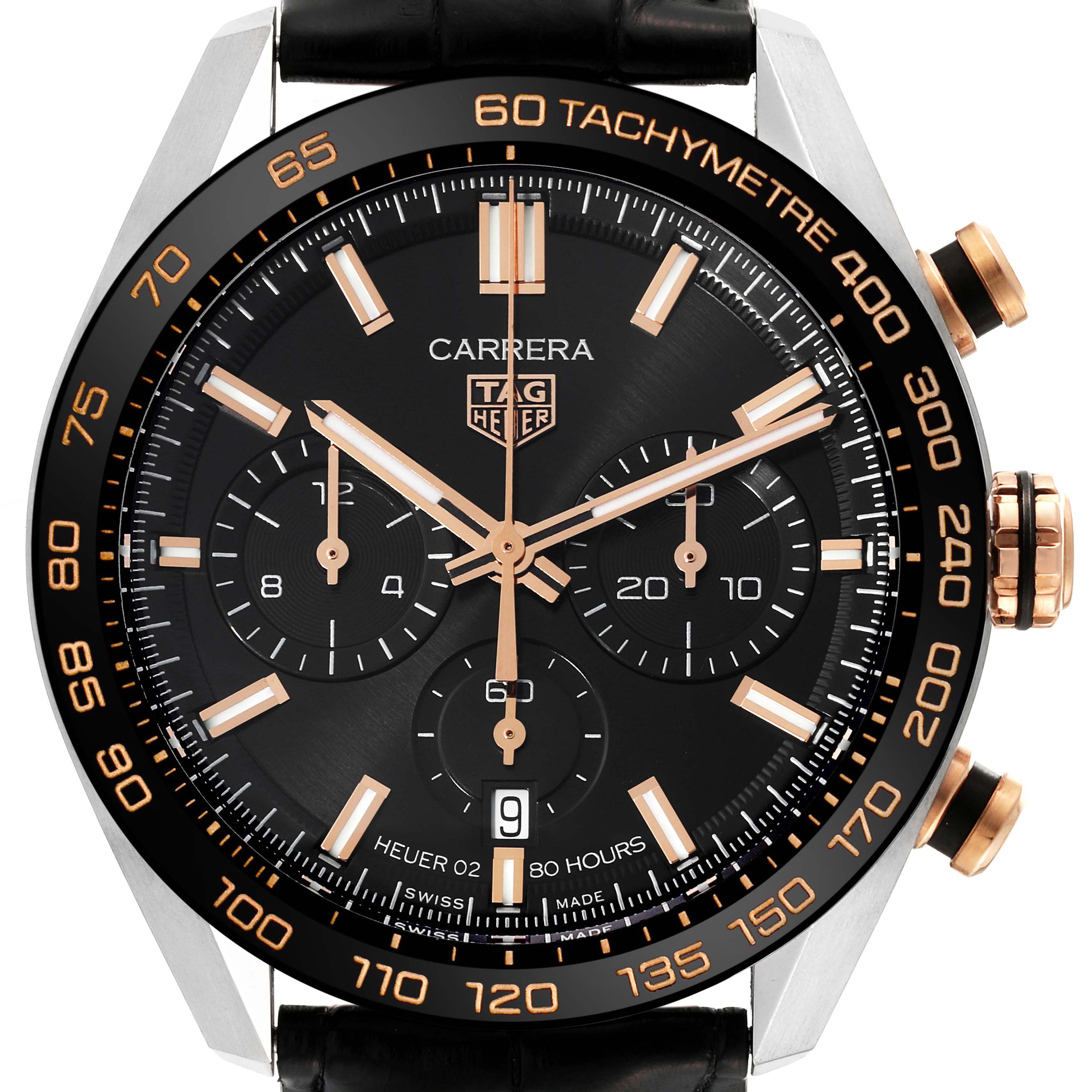 This image shows a front view of the Tag Heuer Carrera CBN2A5A.FC6481 Men's Steel and Gold (two tone) Black Dial CBN2A5A.FC6481 Men's Steel and Gold (two tone) Black Dial watch, highlighting the dial, bezel, and sub-dials.