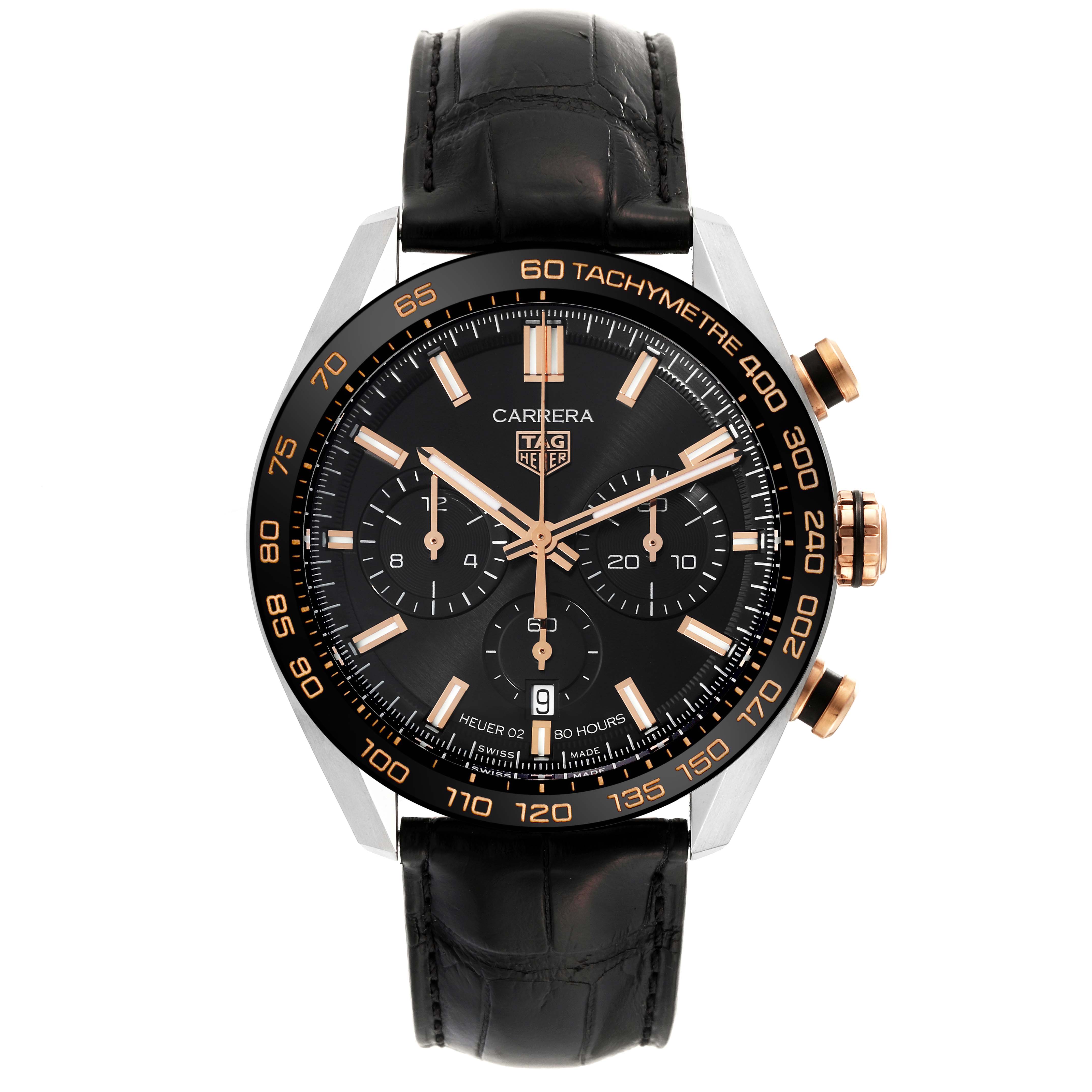 This image shows a front view of the Tag Heuer Carrera CBN2A5A.FC6481 Men's Steel and Gold (two tone) Black Dial CBN2A5A.FC6481 Men's Steel and Gold (two tone) Black Dial model watch featuring a black dial and black leather strap.