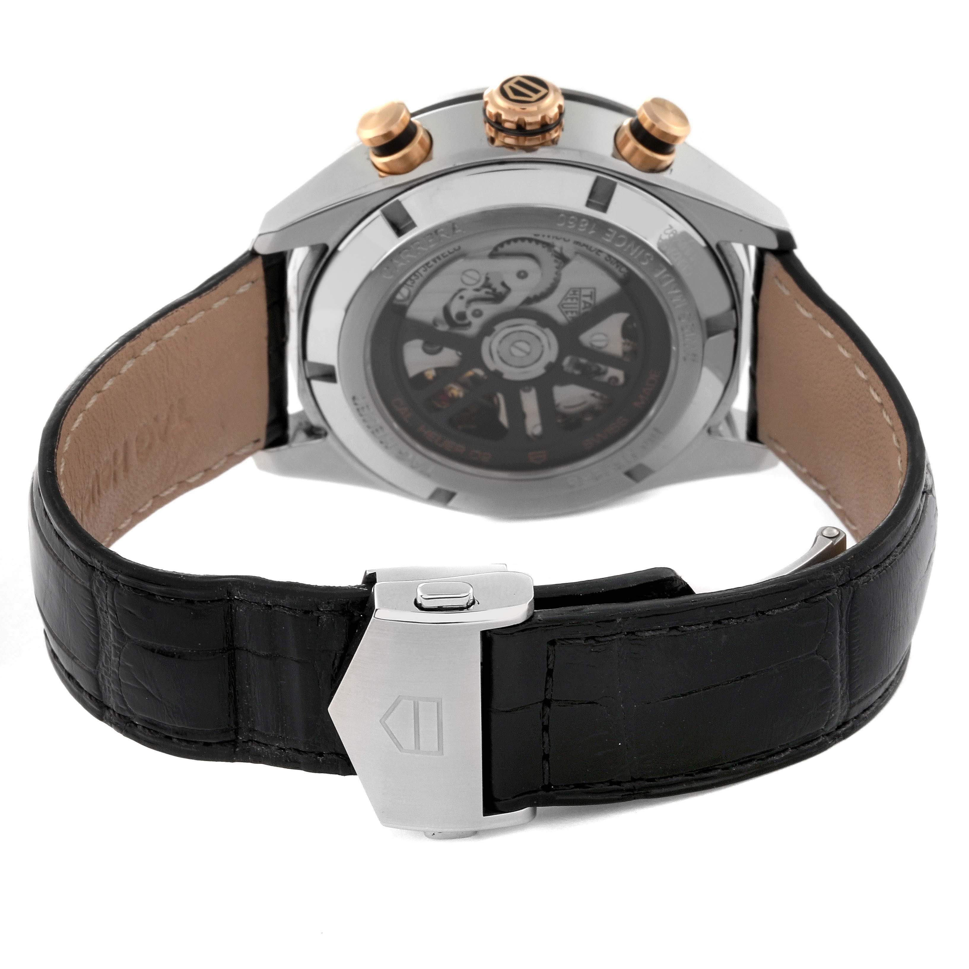 The image shows the back case, crown, pushers, and strap of a Tag Heuer Carrera CBN2A5A.FC6481 Men's Steel and Gold (two tone) Black Dial CBN2A5A.FC6481 Men's Steel and Gold (two tone) Black Dial watch.