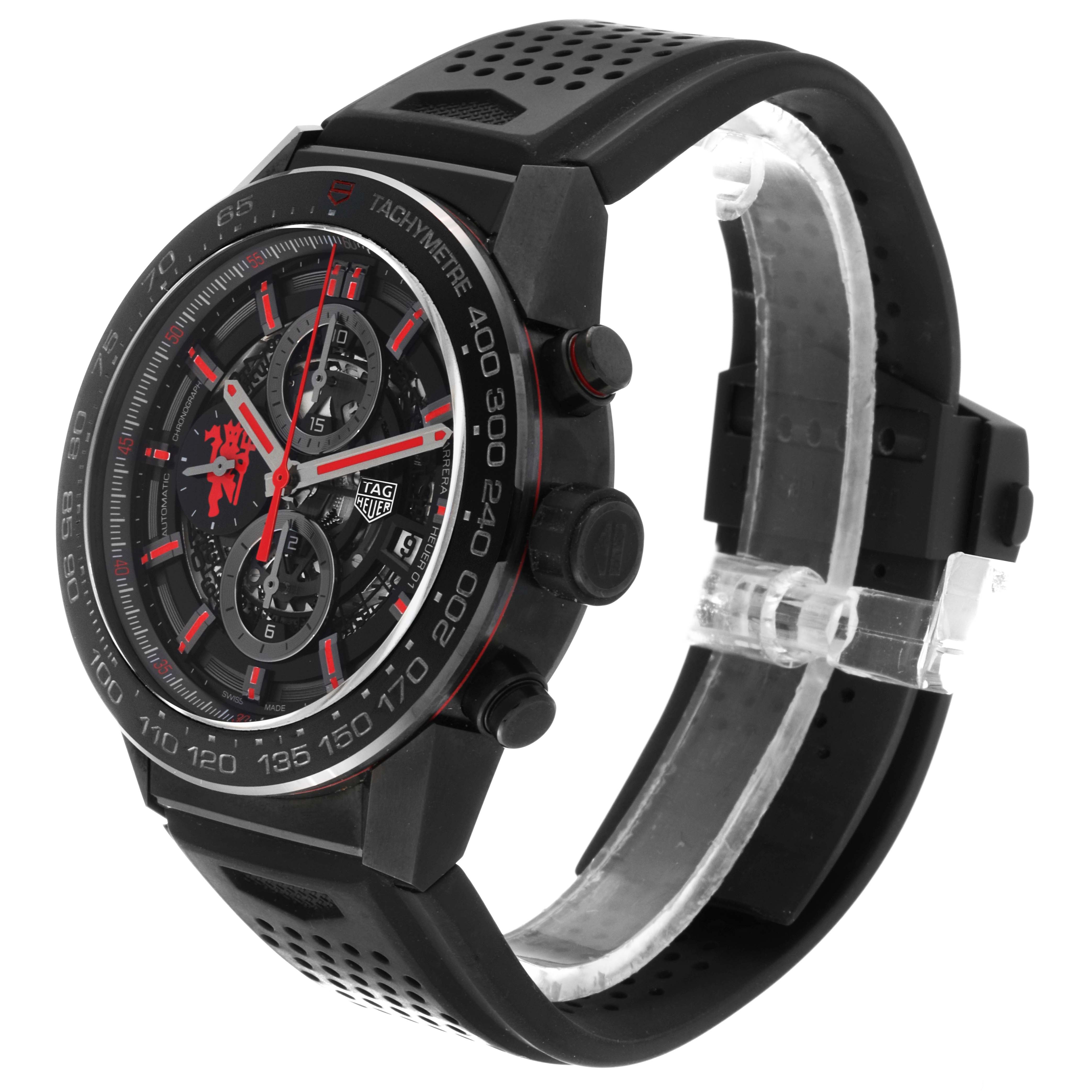 The image shows an angled view of the Tag Heuer Limited Edition CAR2A1J.FC6400 Men's Stainless Steel Black Dial CAR2A1J.FC6400 Men's Stainless Steel Black Dial watch, highlighting the dial, case, bezel, and strap.