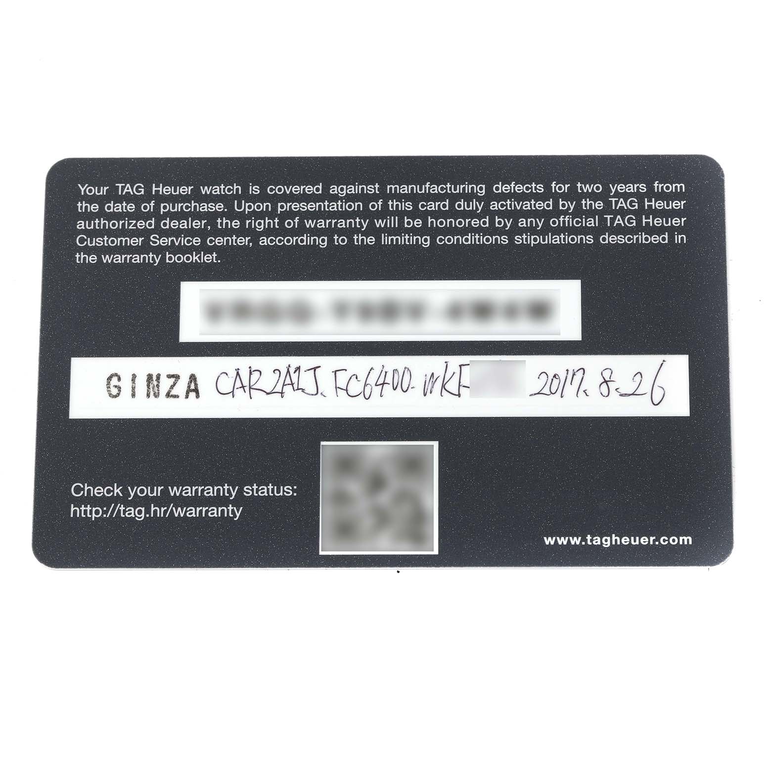 The image shows a Tag Heuer warranty card for the Limited Edition model CAR2A1J.FC6400.