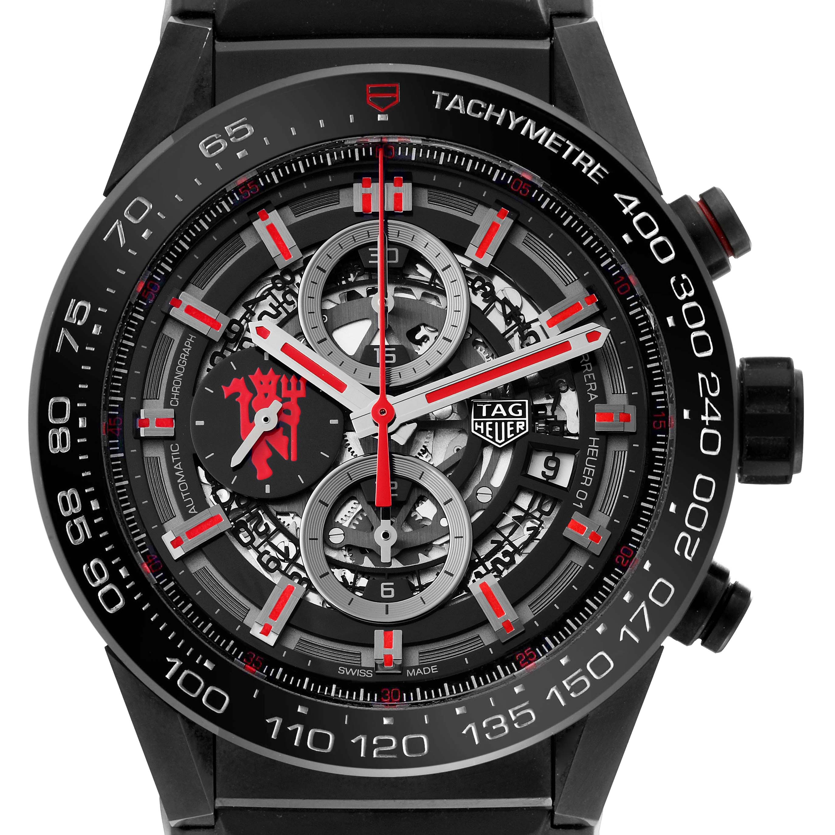 The image shows a close-up front view of the dial of the Limited Edition Tag Heuer Carrera Heuer-01 Chronograph.