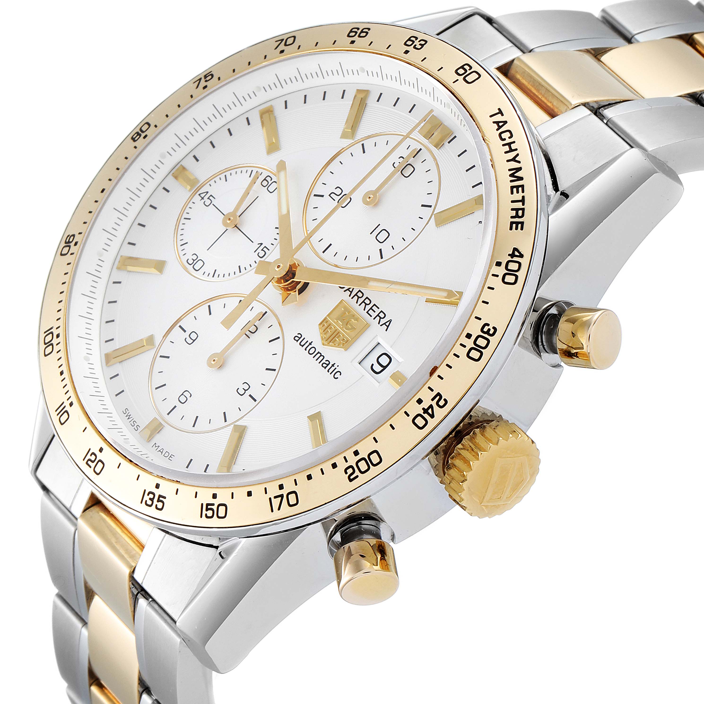 This image shows a close-up angle of a Tag Heuer Carrera CV2050.BD0789 Men's Steel and Gold (two tone) Silver Dial CV2050.BD0789 Men's Steel and Gold (two tone) Silver Dial watch, highlighting its face, bezel, and crown.