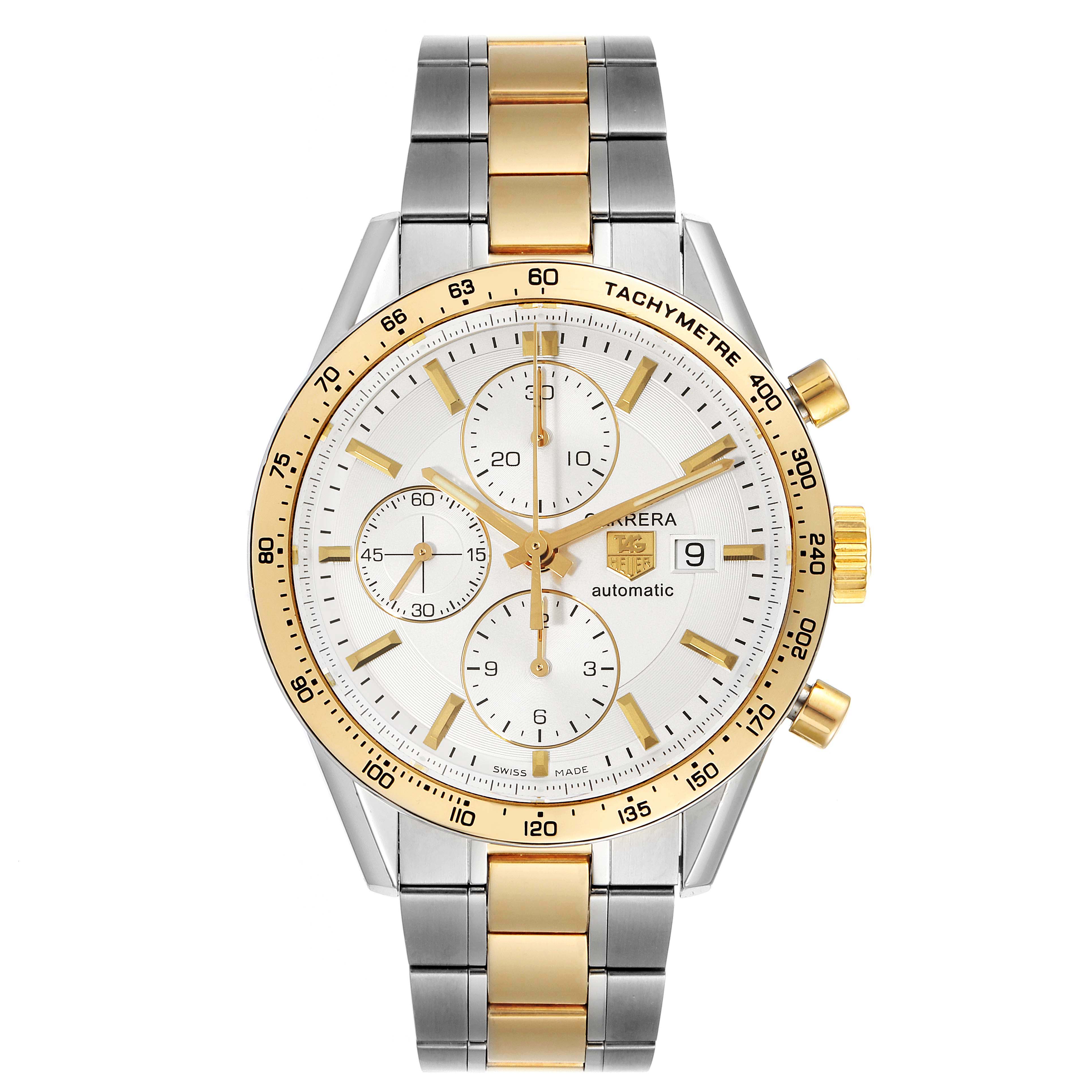 The image shows a front view of the Tag Heuer Carrera CV2050.BD0789 Men's Steel and Gold (two tone) Silver Dial CV2050.BD0789 Men's Steel and Gold (two tone) Silver Dial model watch, featuring its dial, bezel, and bracelet.