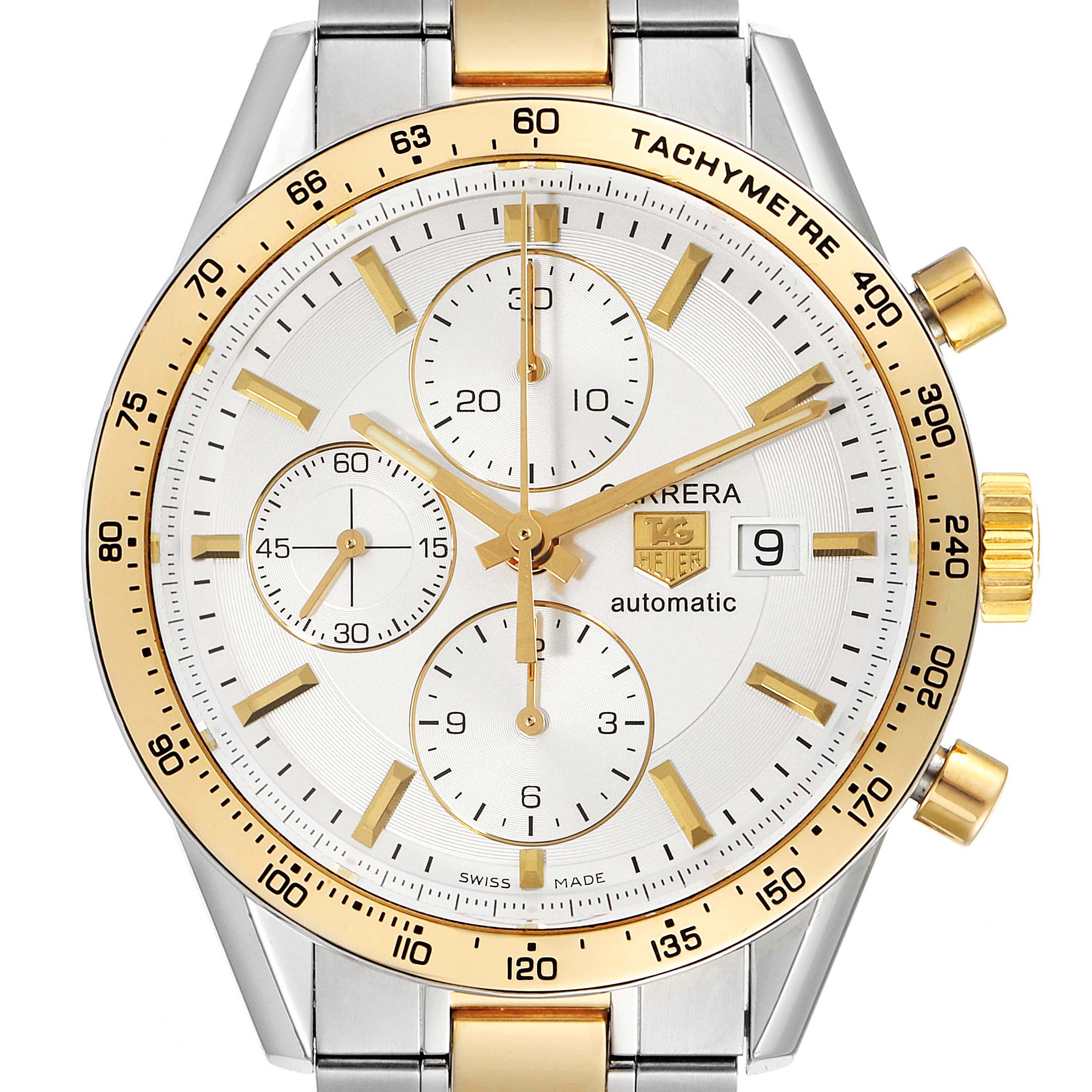 The Tag Heuer Carrera CV2050.BD0789 Men's Steel and Gold (two tone) Silver Dial CV2050.BD0789 Men's Steel and Gold (two tone) Silver Dial watch is shown at a frontal angle, highlighting its gold tachymeter bezel and silver and gold bracelet.