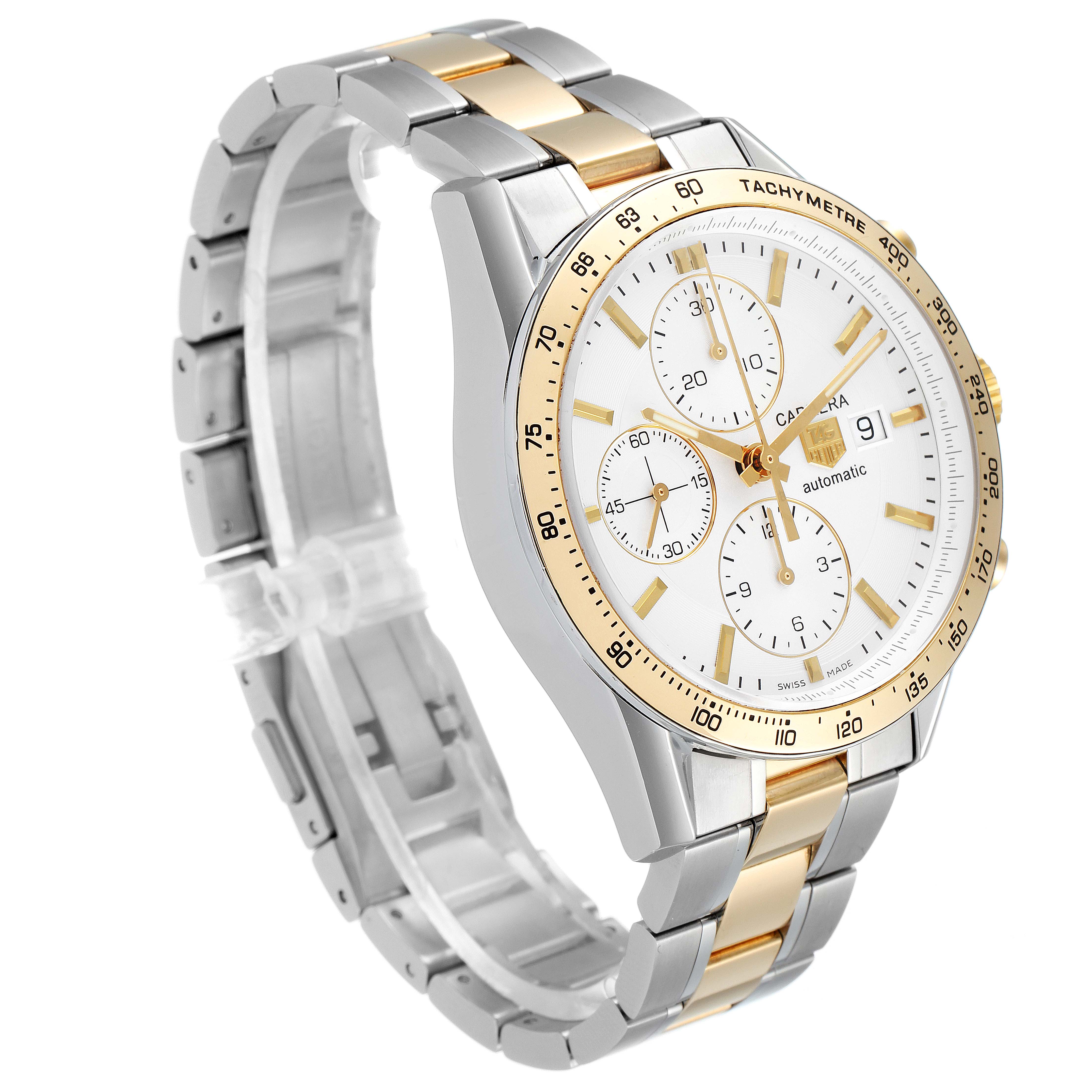 This is a Tag Heuer Carrera CV2050.BD0789 Men's Steel and Gold (two tone) Silver Dial CV2050.BD0789 Men's Steel and Gold (two tone) Silver Dial model watch shown from a three-quarter angle, highlighting the bracelet, dial, and tachymeter bezel.