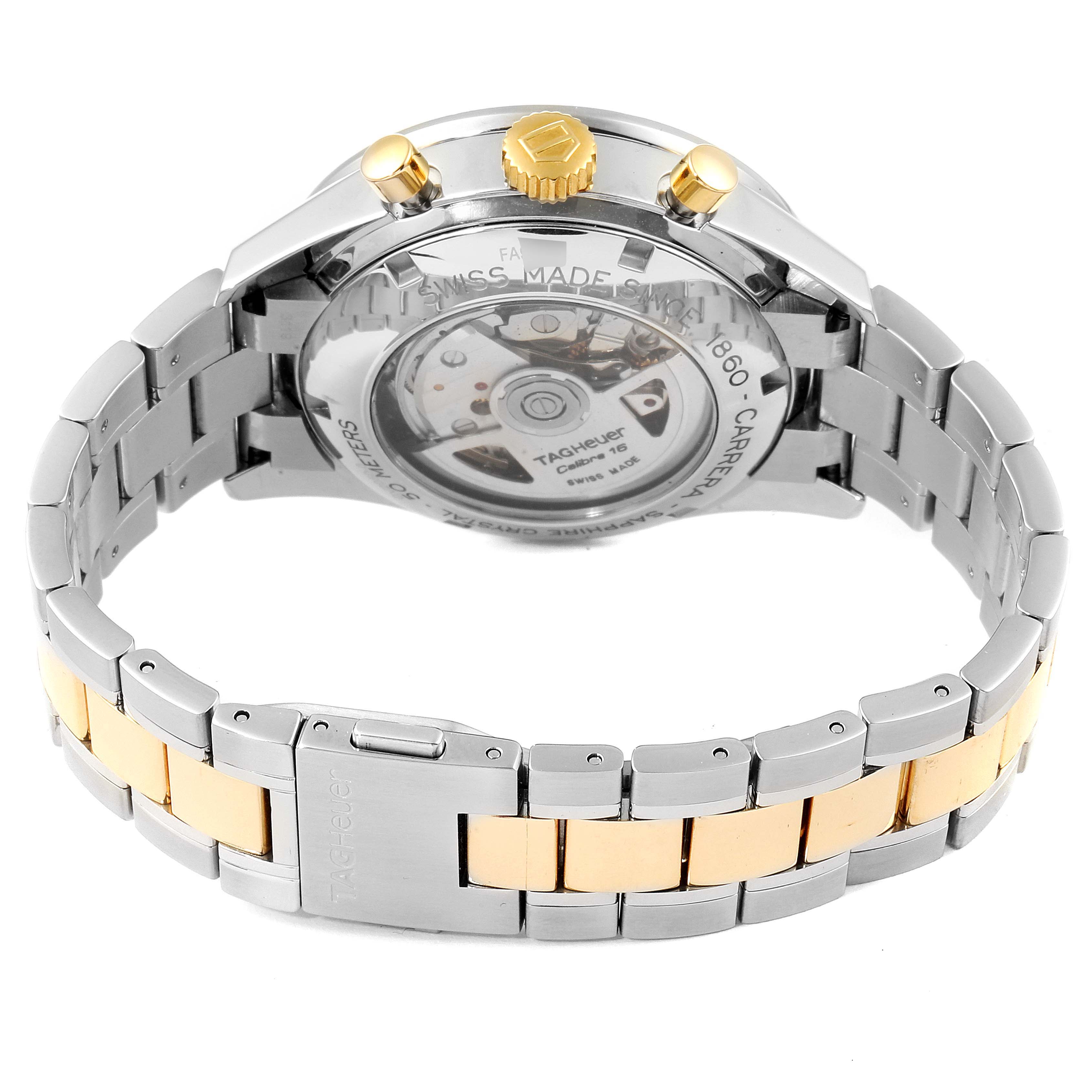 The image shows the back and side view of a Tag Heuer Carrera CV2050.BD0789 Men's Steel and Gold (two tone) Silver Dial CV2050.BD0789 Men's Steel and Gold (two tone) Silver Dial watch, highlighting the crown, buttons, and bracelet.