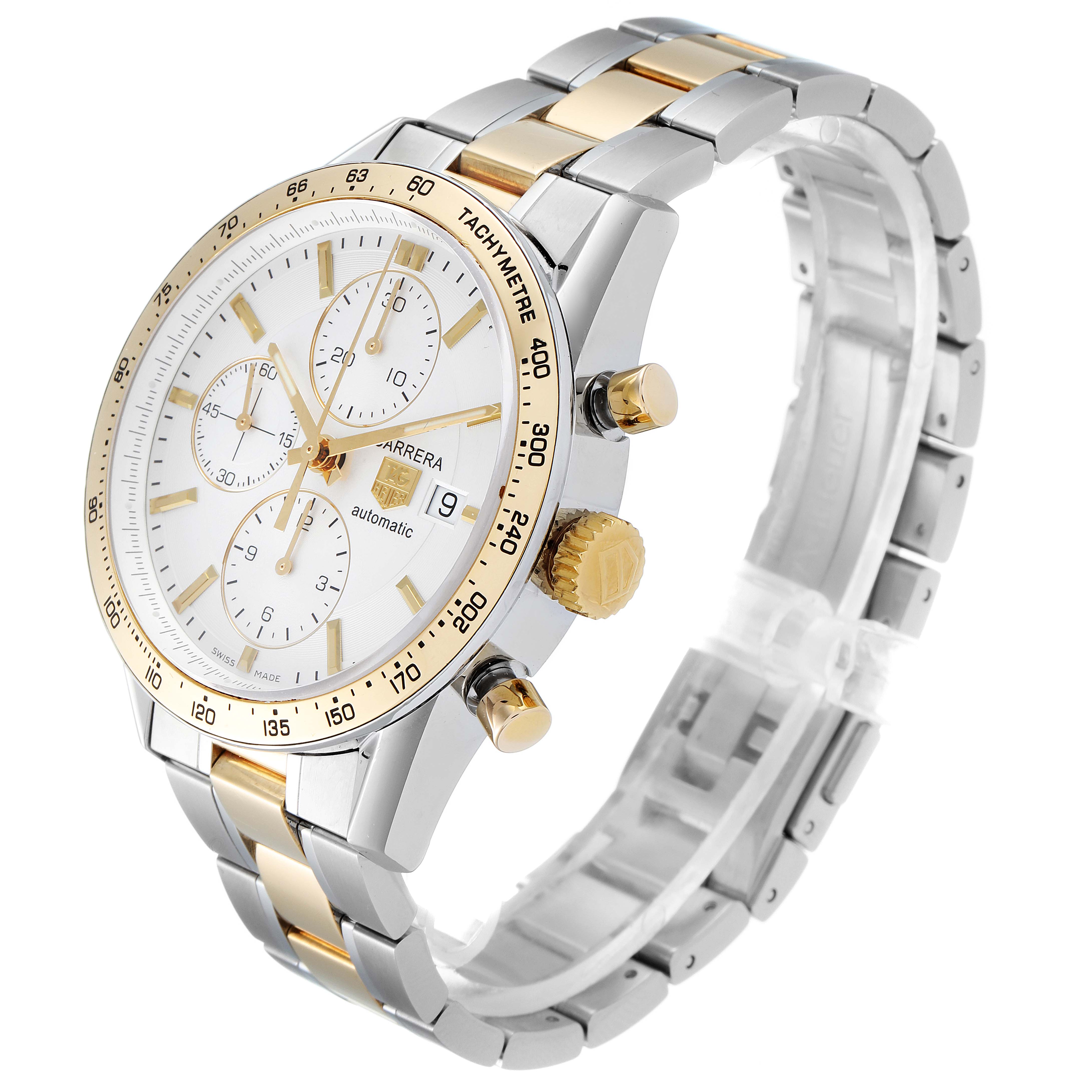 The image shows a Tag Heuer Carrera CV2050.BD0789 Men's Steel and Gold (two tone) Silver Dial CV2050.BD0789 Men's Steel and Gold (two tone) Silver Dial watch at a three-quarter view, highlighting the dial, bezel, and bracelet.