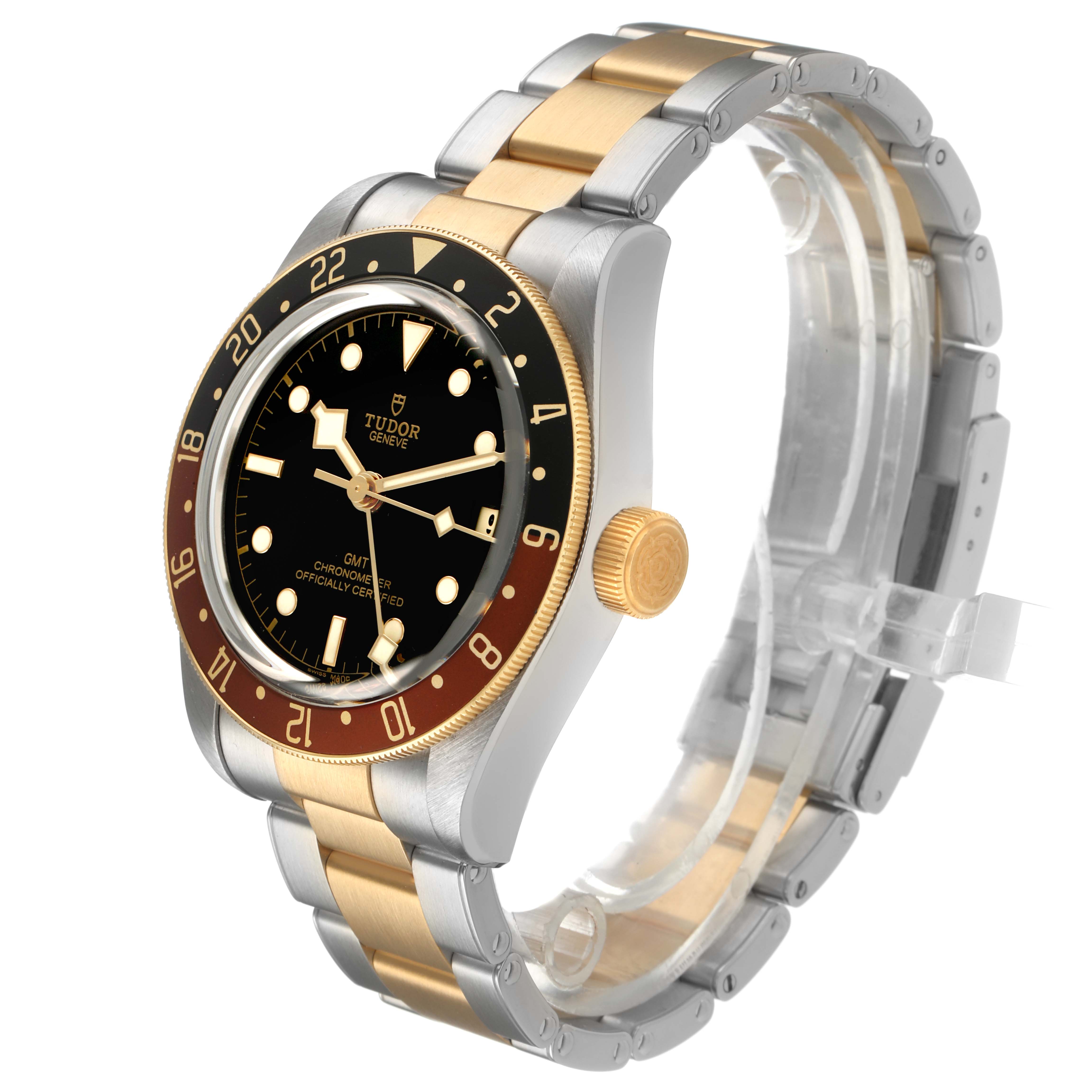 The Tudor Heritage Black Bay 79833MN Men's Steel and Gold (two tone) Black Dial watch is shown from a front angle displaying the face, bezel, and bracelet.